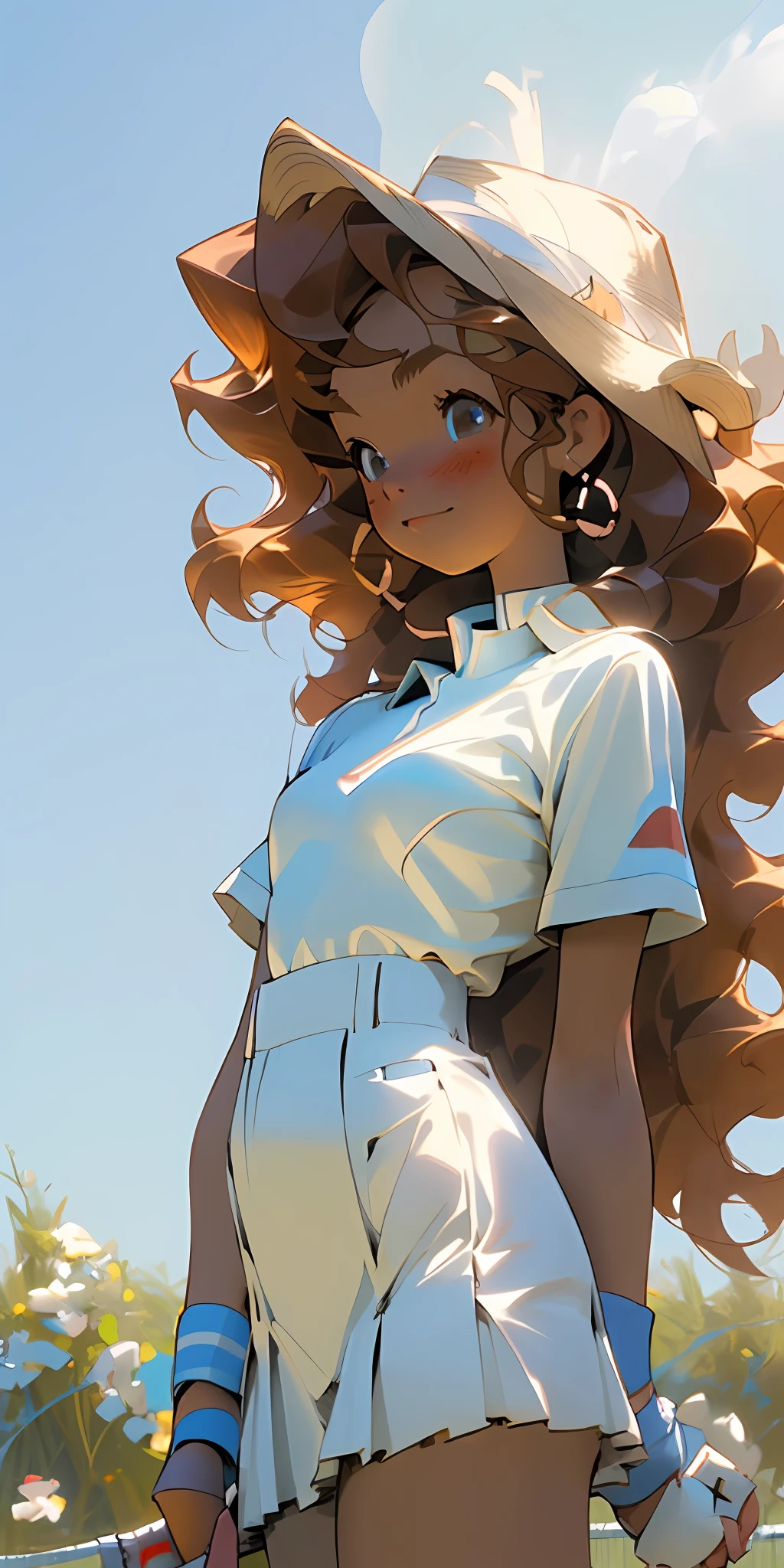 (Masterpiece, best quality), 1 girl with fluffy and vibrant curly hair, tennis, blue sky and white clouds, white short sleeves, short blue skirt,