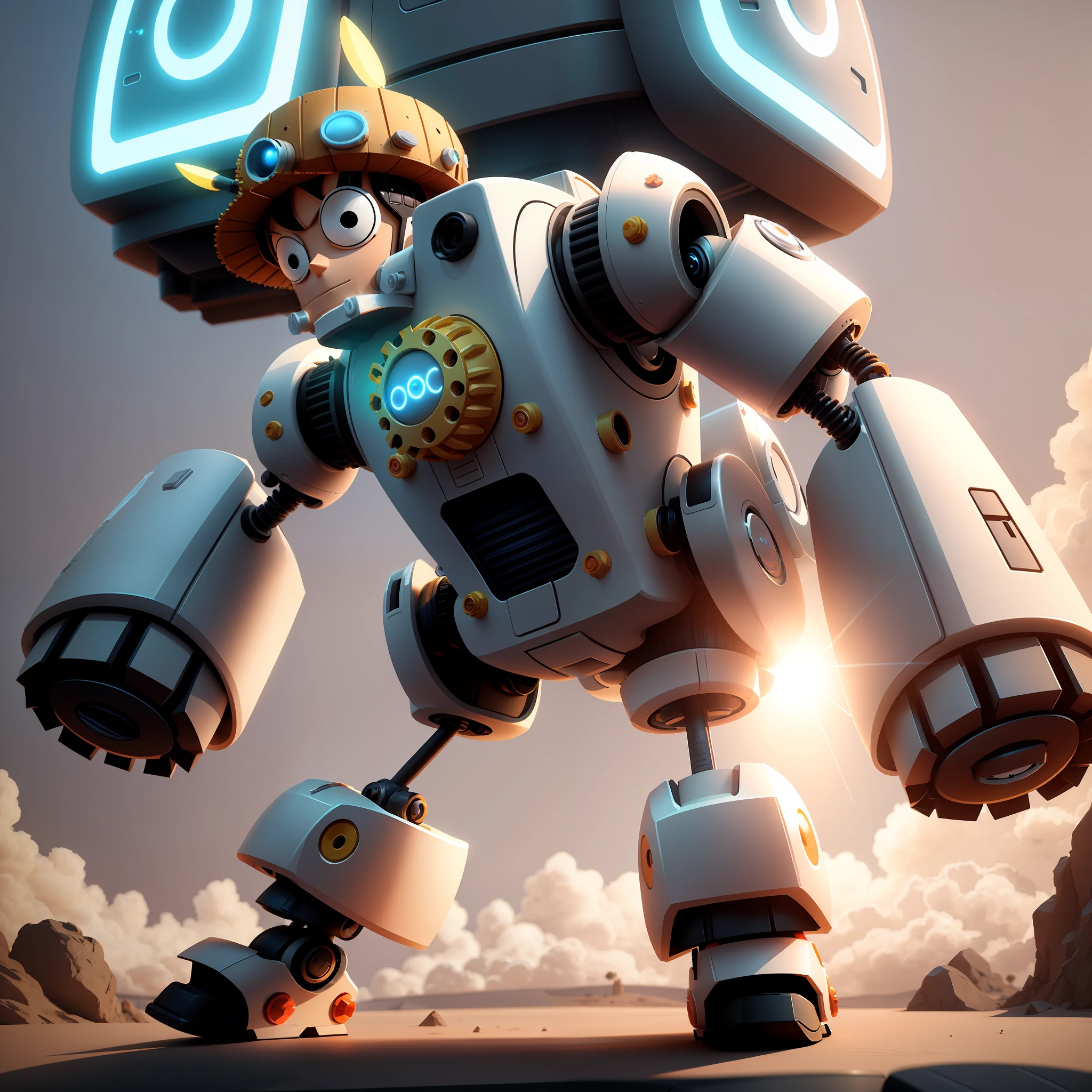 A cartoon image of a futuristic robot, illustration style, NFT style, tech-savvy, cute, Luffy, 3d rendering, centered