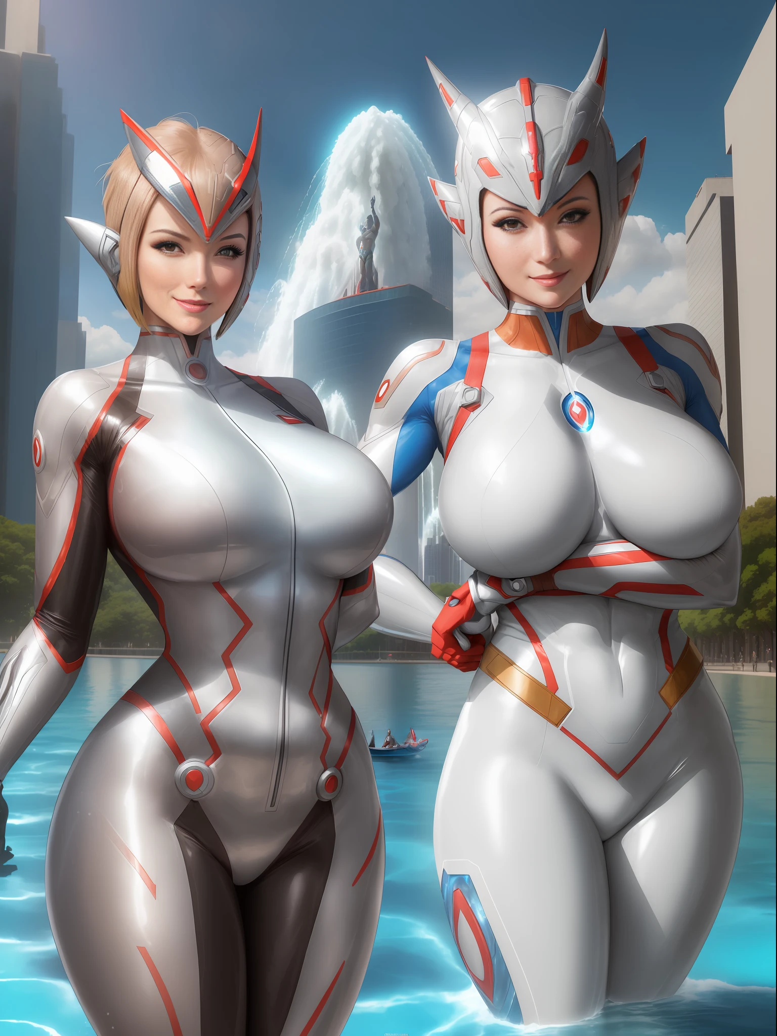 ((A woman/Ultraman/exhibitionist next to a humanoid water show next to her both giants)), in a complete city destroyed, she is extremely beautiful/short hair slick/huge breasts/staring at the viewer/smiling/doing multiple poses with her arms and legs, Anime style, Max resolution/quality/sharpness/detail.