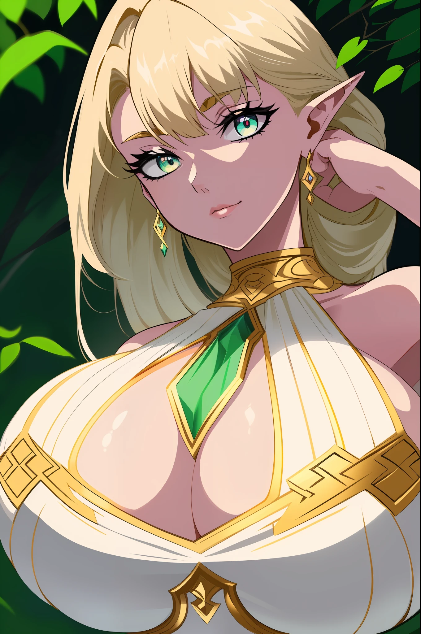 SFW(Ultra Quality,Unparalleled Masterpiece:1.4)Ethereal(Sharp Focus),Overwhelmingly Pixel-Perfect,Ultra-Detailed,Flat Vector Art,Gorgeous Elf,(Soft Features: 1.4)Detailed Face,(Solo:1.4)(1Girl: .5)(Facing Viewer:1.2)(Long Blonde Hair: 1.4)(Bangs, Sidelocks:1.2)Seductive(Halkara,Celestine Lucullus: 1.2)(Curvy:1.4)(Gigantic Breasts:1.6)(Voluptuous:1.4)(Bimbo: 1.4)(thin Waist: 1.2)(Thick Lips: 1.3)(closed mouth: 1.3)(light smile: 1.2)Rocks, Trees, Plants,(Bush:1.2)(Ultra-Detailed Vibrant Clear Mint Eyes:1.2),(hands behind back: 1.2)hiding hands(Sexy Pose: 1.4),art by wlop and ross tran(ffyy: 1.4)