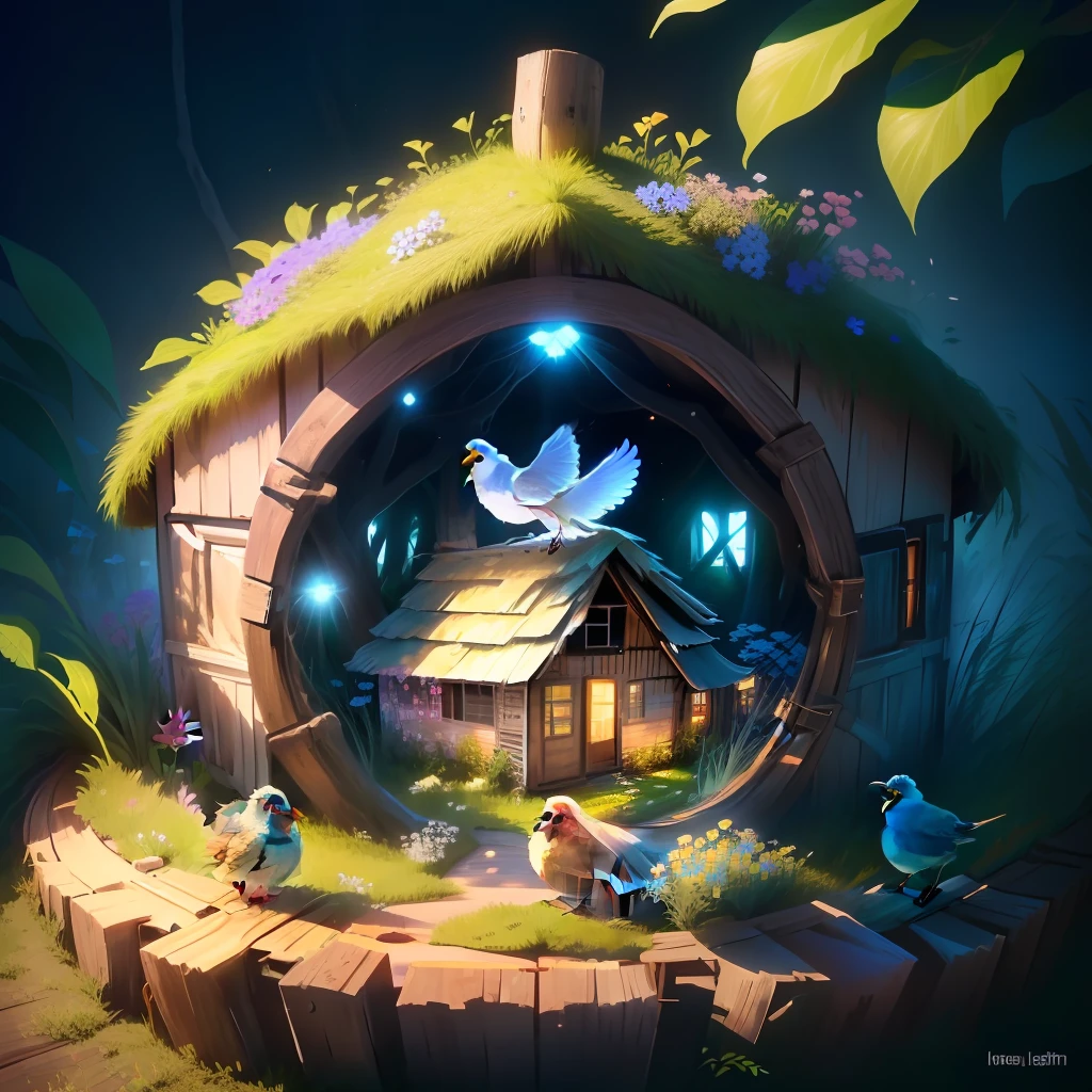 Fluffy brown nest
Rustic wooden house on the nest
Wooden house overgrown with green grass and white and pink flowers
Three blue birds emerging from inside the house
Bright atmosphere with light