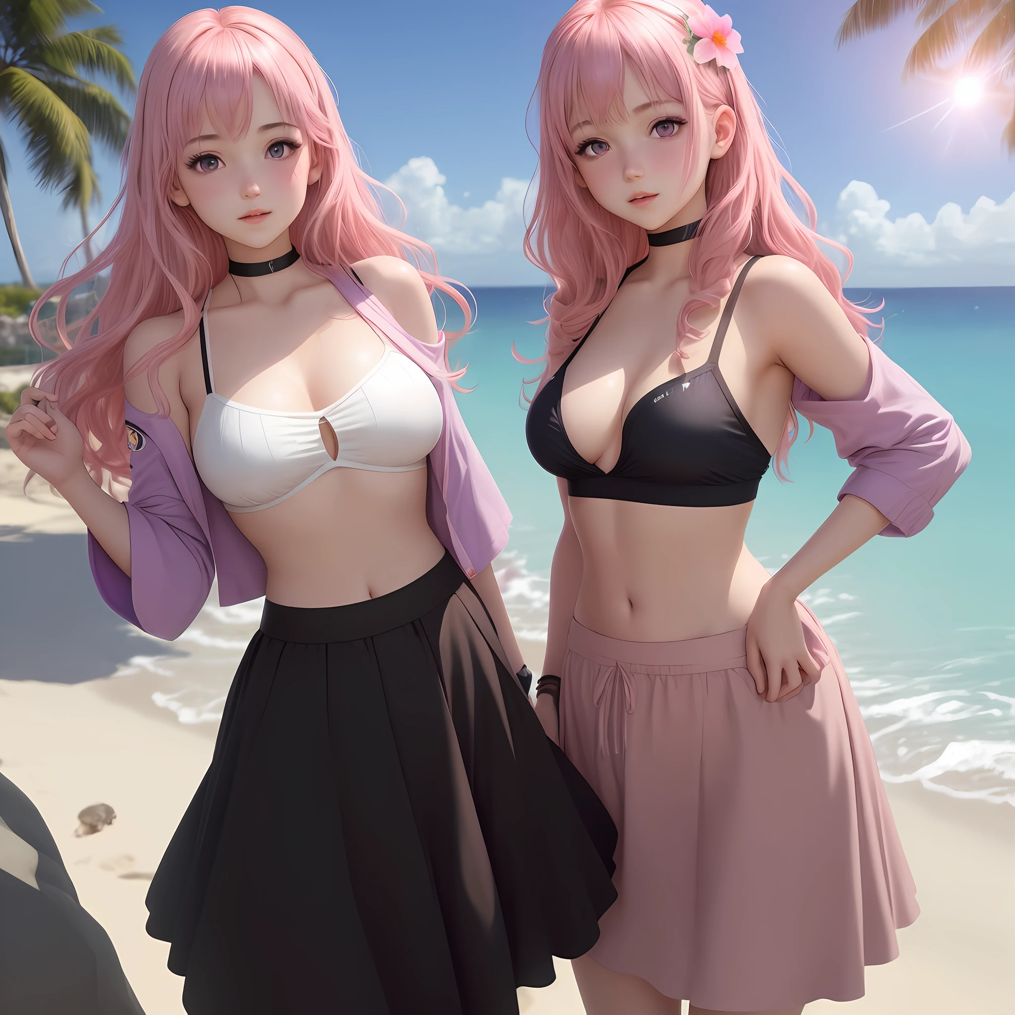 Realistic, 1girl, pink hair, purple eyes, glowing eyes, cropped top, skirt, parted lips, blush, daytime, beach by the sea, flowers, sun, sunlight, black skirt, short skirt, big wavy to waist length hair, real, warm color, brown miniskirt, blue clothes, background color light, day environment, bright color background, saudi, marine, girl, no bra, no panties
