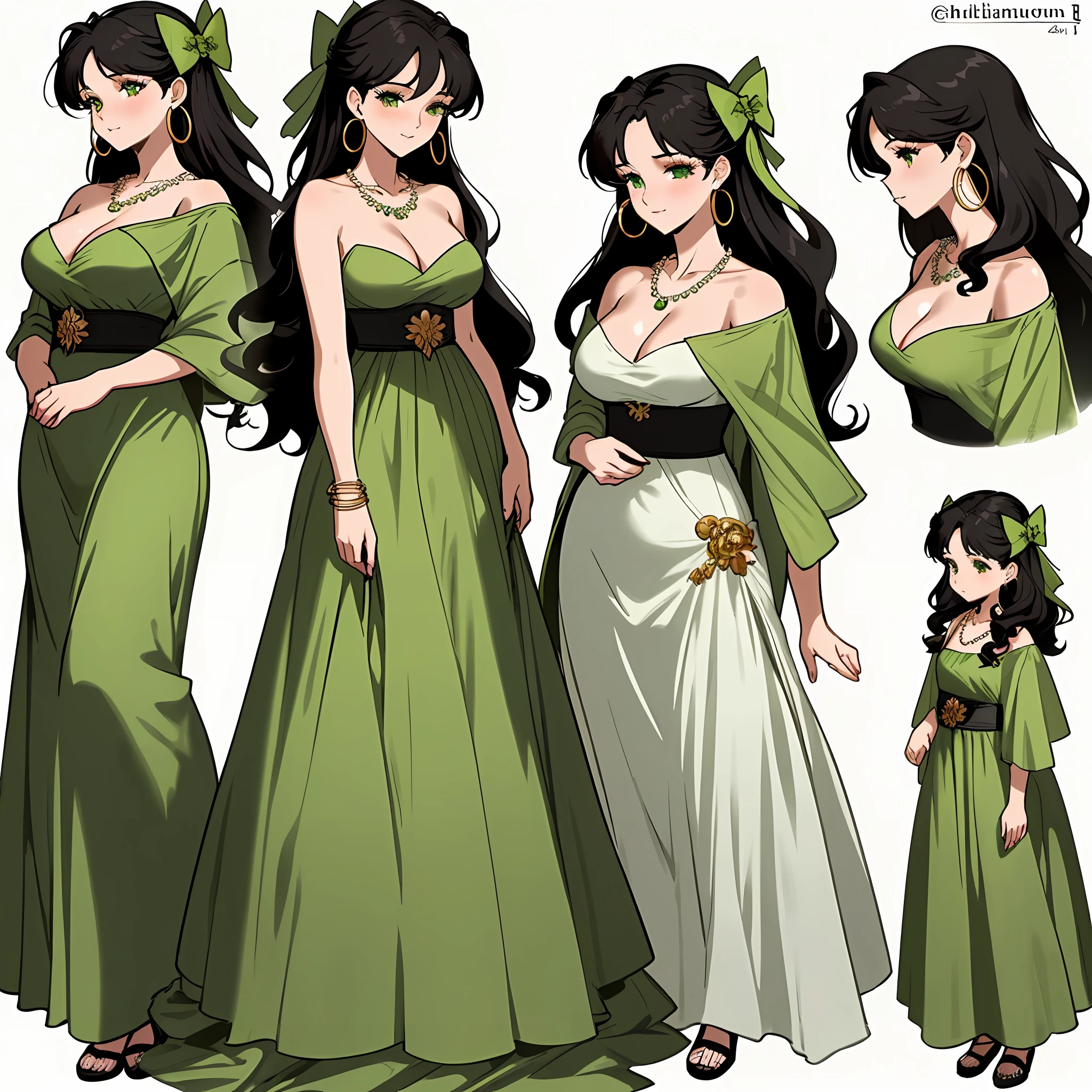 masterpiece:1.6, best quality:1.4, real picture:1.2, intricate details:1.2, charturnerv2:1.2, full body character turnaround of 1lady, Appearance: milf:1.25, slender:1.3, green eyes, medium breasts, flat chest, sharp eyes, cleavage, curvy Clothing: green maxi dress, Accessories: golden ring, simple hoop earrings, shell necklace, hair bow, hair ornament, Hair: long black hair, messy hair, Makeup: natural, glowing skin, (simple background, white background:1.3), multiple views, Multiple views of the same character in the same outfit:1.3.