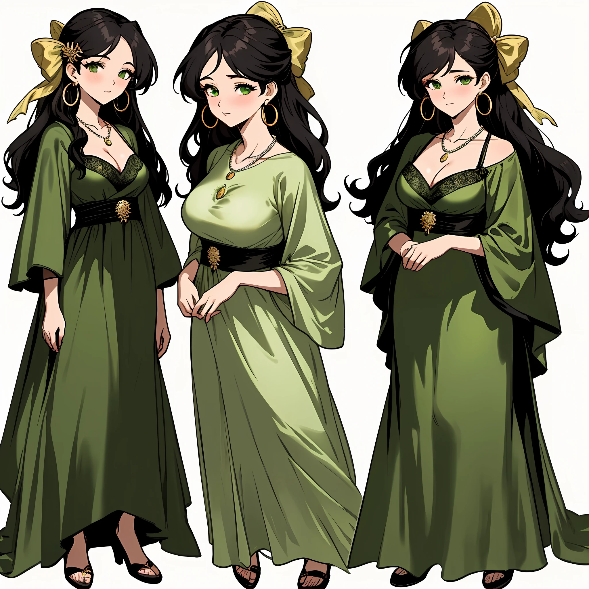 masterpiece:1.6, best quality:1.4, real picture:1.2, intricate details:1.2, charturnerv2:1.2, full body character turnaround of 1lady, Appearance: milf:1.25, slender:1.3, green eyes, medium breasts, flat chest, sharp eyes, cleavage, curvy Clothing: green maxi dress, Accessories: golden ring, simple hoop earrings, shell necklace, hair bow, hair ornament, Hair: long black hair, messy hair, Makeup: natural, glowing skin, (simple background, white background:1.3), multiple views, Multiple views of the same character in the same outfit:1.3.