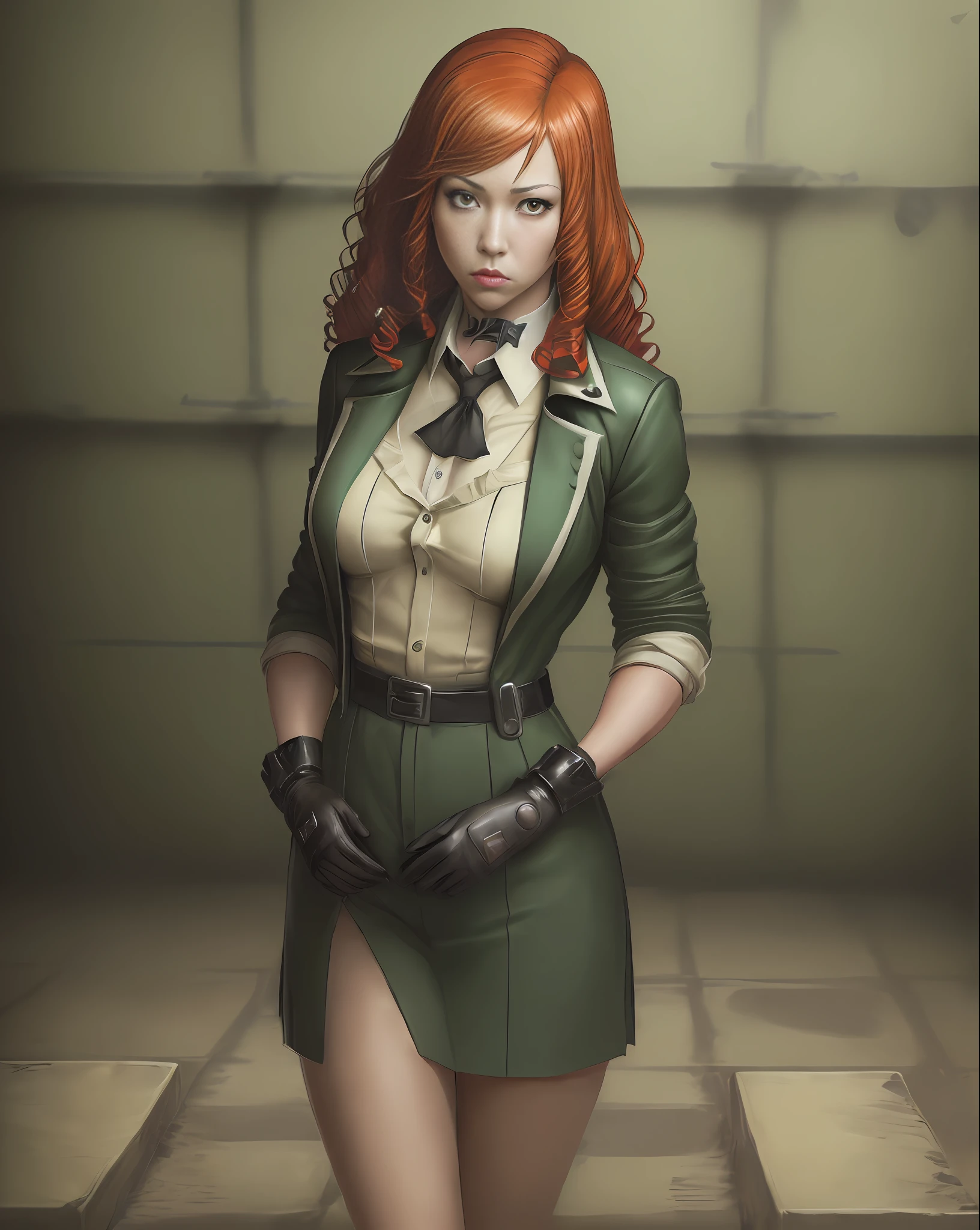 (((Kate Takenomiya(Prison School) realistic version)))), ((Prisoner's Costume)))), red hair with curls at the ends, very well detailed light green eyes, gloves, (((Full HD, best quality, a masterpiece, dramatic style)))