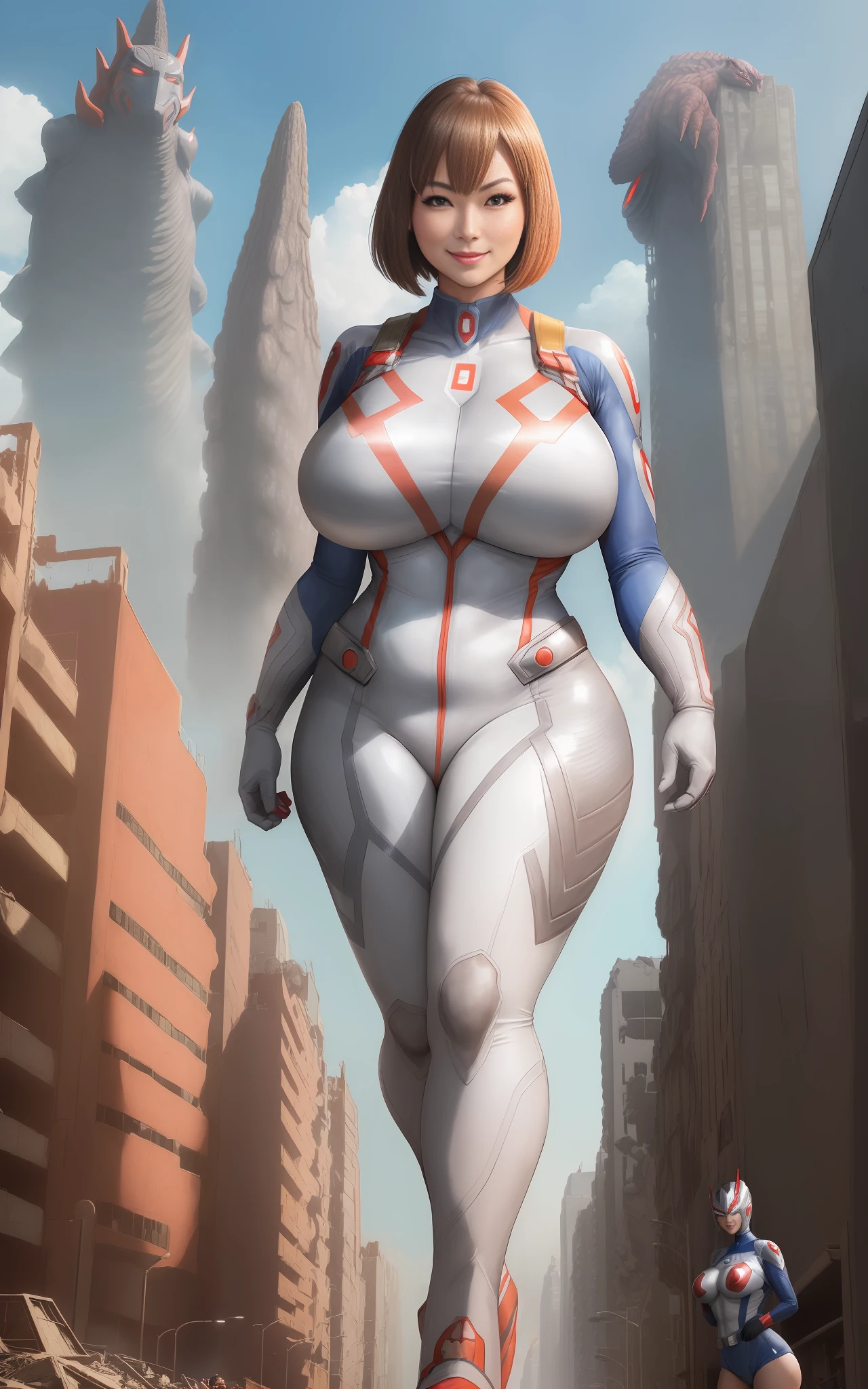 ((A woman/Ultraman/Exhibitionist Giant next to a Kaiju/Giant next to her)), in a complete destroyed city, she is extremely beautiful/short straight hair/huge breasts/staring at the viewer/smiling/doing multiple poses with her arms and legs, Anime style, Max resolution/quality/sharpness/detail.