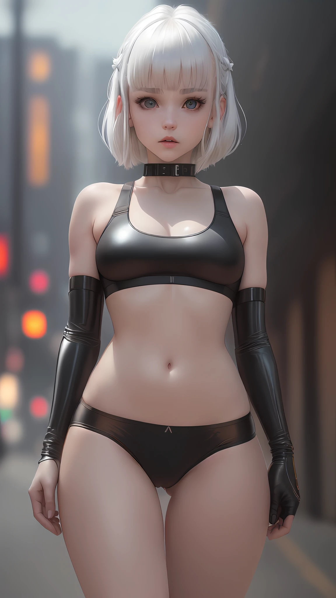 Cyberpunk Edgerunners, 1girl, Lucy \(cyberpunk\), blue eyes, cyber eyes,, pale skin, petite figure, (medium chest, wild girl, small head)), daylight, sunlight, (perfect body: 1,1), (young), (short wavy hair: 1,2), white hair, ((hair with bangs)), collar, full length, crowded street, wearing a tight cropped ((black latex sports bra), ((black latex panties) ),black latex panties, (extremely detailed CG 8k wallpaper), (an extremely delicate and beautiful), (masterpiece), (best quality: 1.0), (ultra high resolution: 1.0), gorgeous lighting, perfect flashes , realistic shadows, [high res], detailed skin, extremely detailed, pale skin, camel toe, barefoot