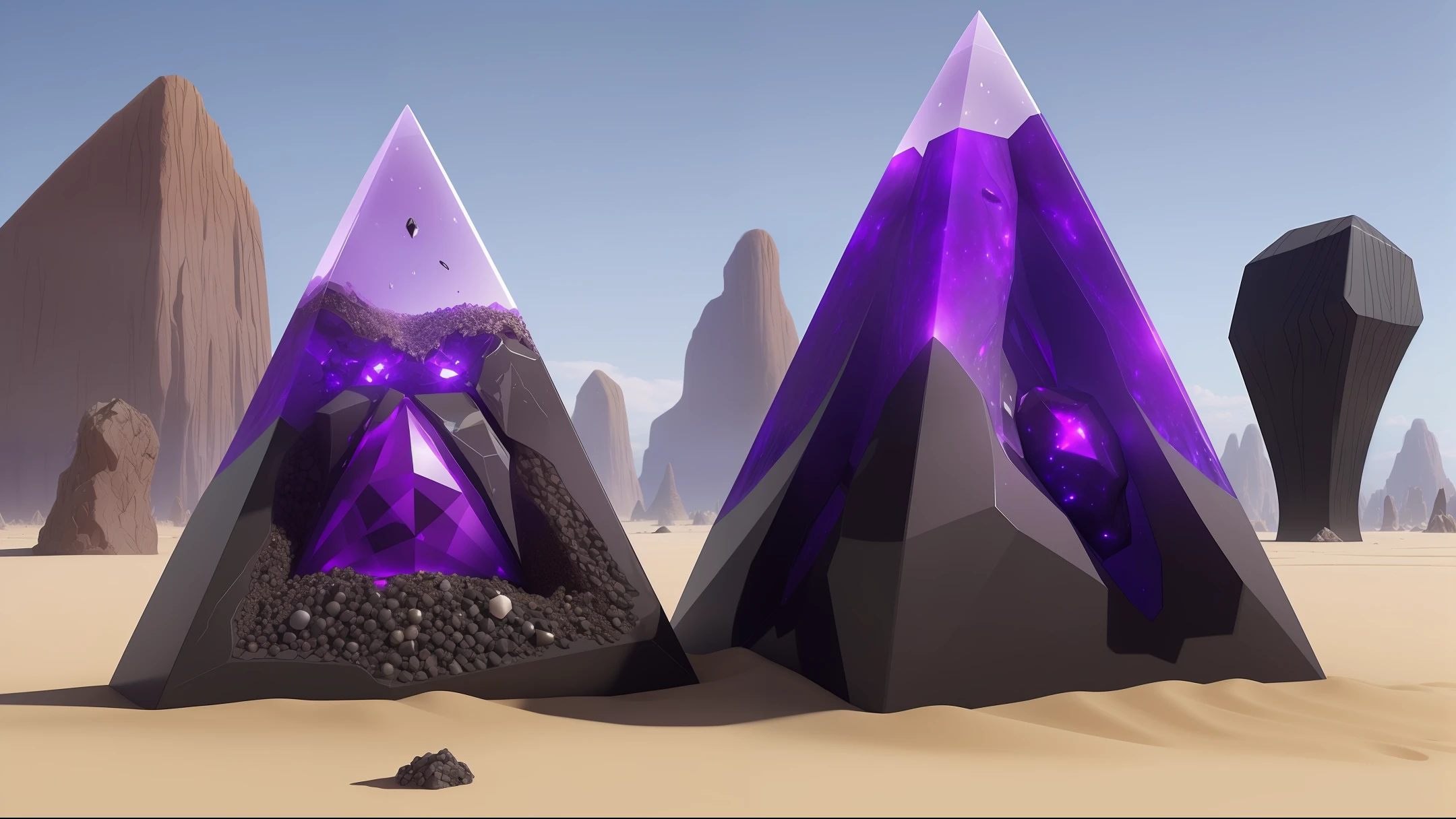 anthill, epic alien obsidian obelisk with pale violet crystals leaning against each other surrounding giant irregular shiny black cube in the middle, sand, fantasy, 4k