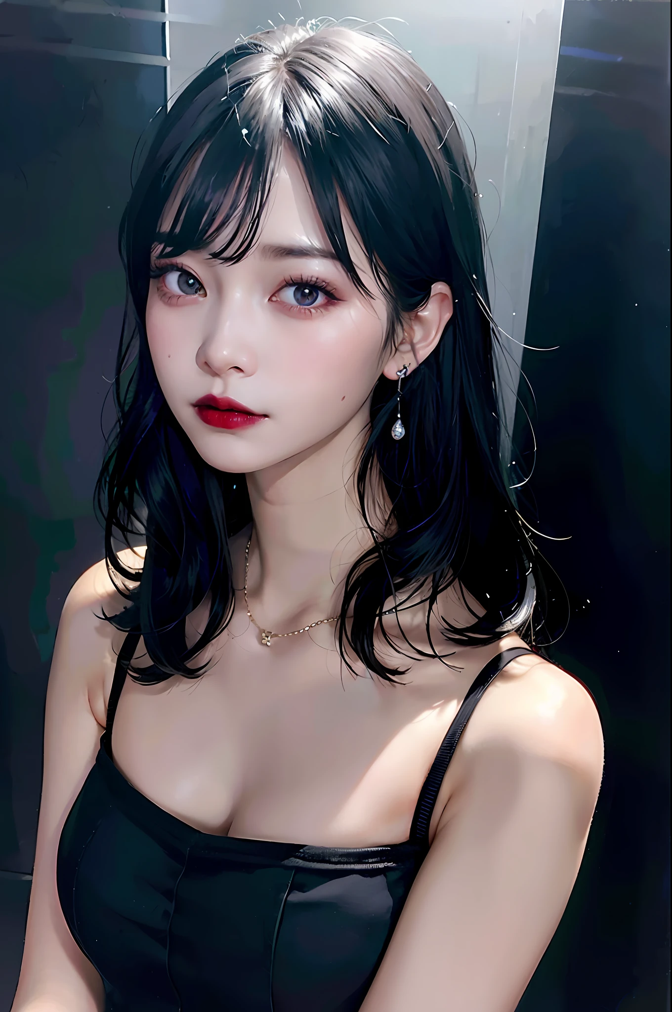 Black Hair Bob, (RAW Photo, Photorealism), (Very dark lip gloss, pitch black lipstick, so many eyelashes, pitch black eyeshadow, watery eyes, crying, angry, high quality, high resolution, depth of field, chromatic aberration, photon mapping, caustics, Japan people, women), glasses, white bra, necklace, one woman, earrings, bracelet, Soft big, good style, slender figure, the tip of the is clearly visible, the body line is very sexy, the are sticking out, the skin is very exposed, the areola is visible,