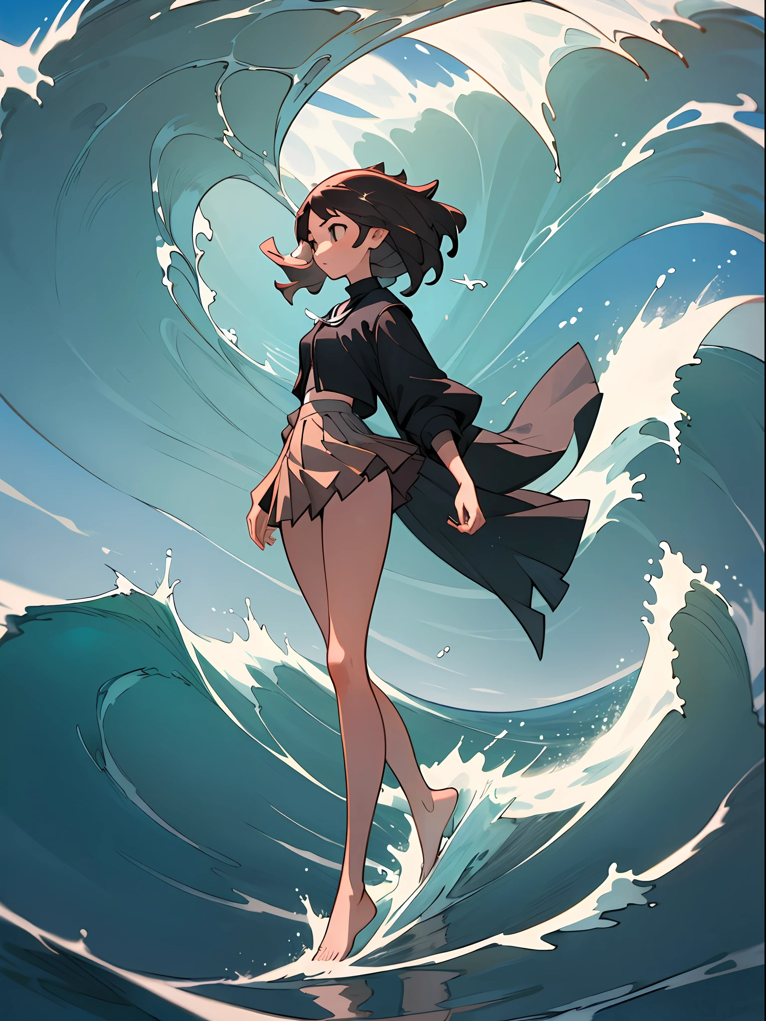 (Best quality, masterpiece), 1girl, the waves split in half, the girl walks in the waves, the figure swayes, facing the audience, long legs, short skirt, wind, seabirds