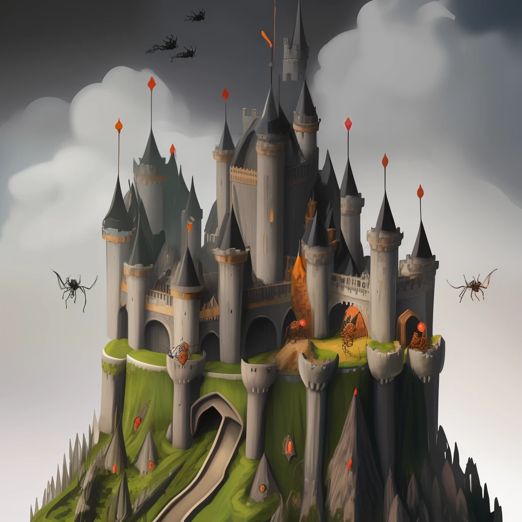 dark castle, ants as knights, dragon flying