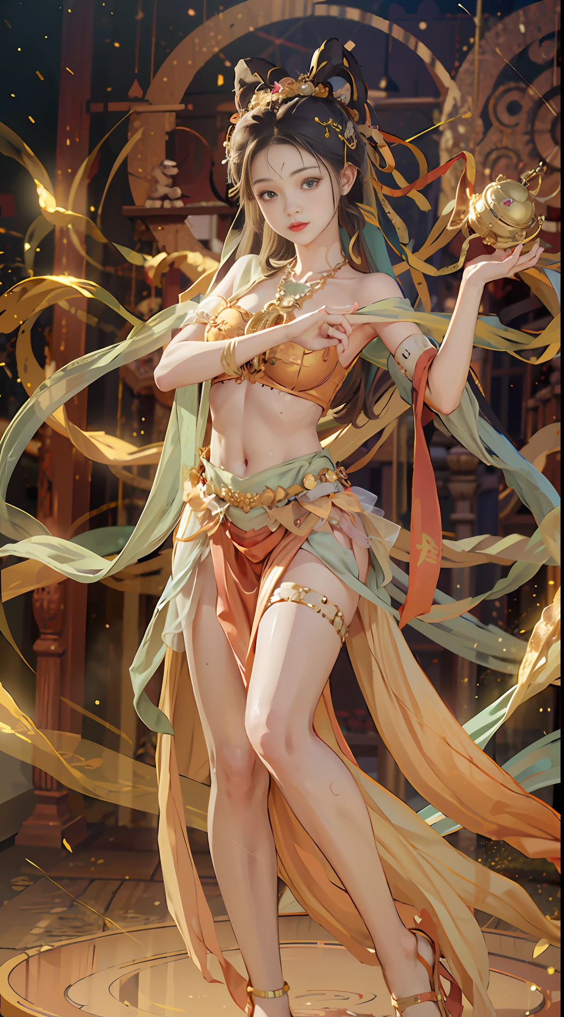 (8k, RAW photo, best quality, masterpiece:1.2), (realistic, photo-realistic:1.4), (extremely detailed CG unity 8k wallpaper), (1 girl:1.5), (yellow skirt: 1.4), red dots on forehead, pale skin, blush, big eyes, full body, thighs, open belly button, gold waist chain, gold ornaments, flying ribbons, particles, background is Loulan ancient city, ancient city wall , desert, dance, dunhuang_dress, dunhuang_style,