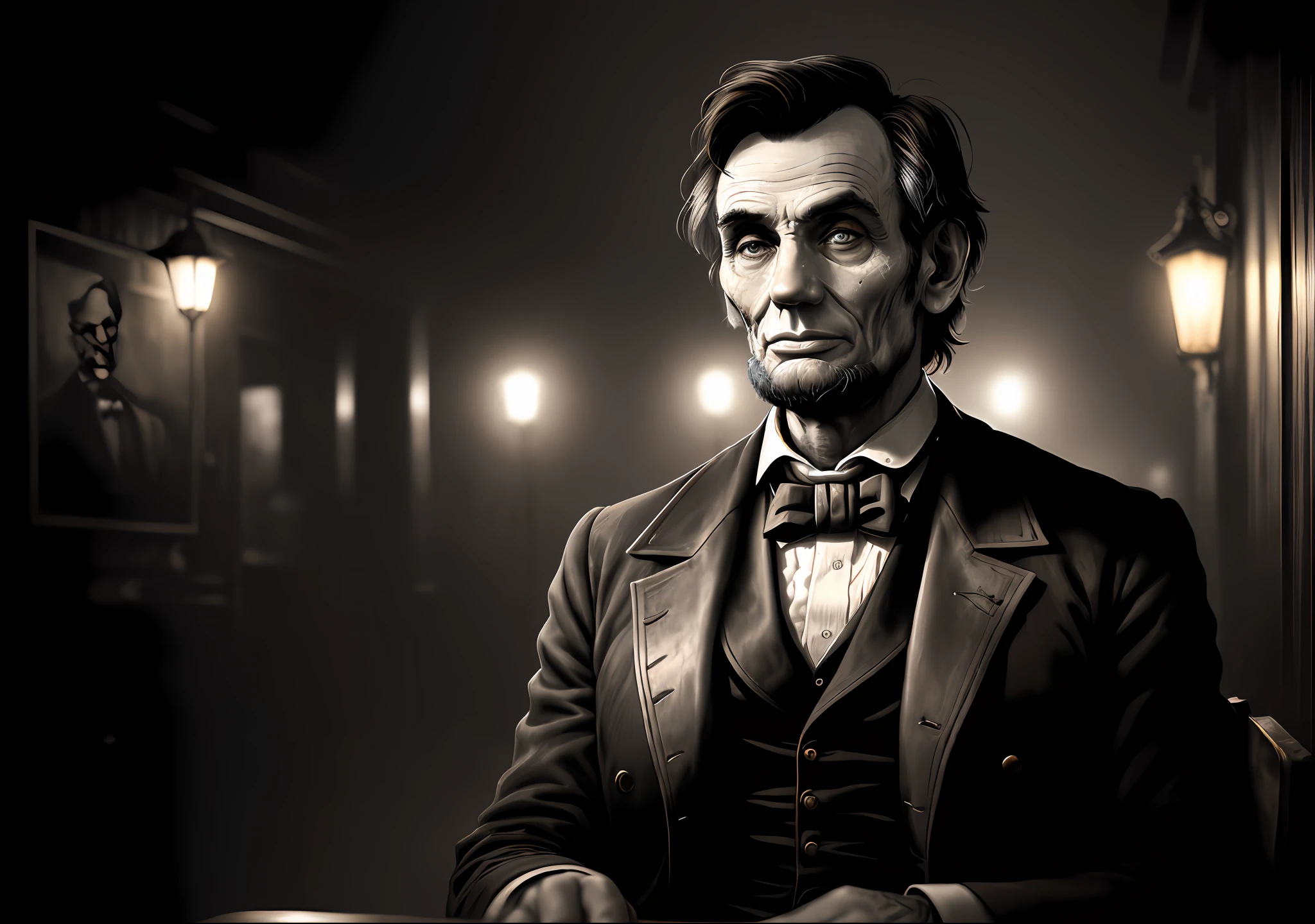 ABRAHAM LINCOLN dark photo: sitting next to an old car, realistic epic, portrait of, James Gilleard, by Joe Fenton, by Kaethe Butcher, yellow gradient, black, brown and magenta color scheme, grunge aesthetic!!! Graffiti brand wall background, art by Greg Rutkowski and Artgerm, soft cinematic light, Adobe Lightroom, Photo Lab, HDR, intricate, highly detailed, (depth of field: 1.4), faded, (neutral colors: 1.2), (HDR: 1.4), (soft colors:1.2), hyperdetailed, (Artstation:1.4), cinematic, warm lights, dramatic light, (intricate details:1.1), complex background, (Rutkowski:0.66), (blue and orange:0.4)