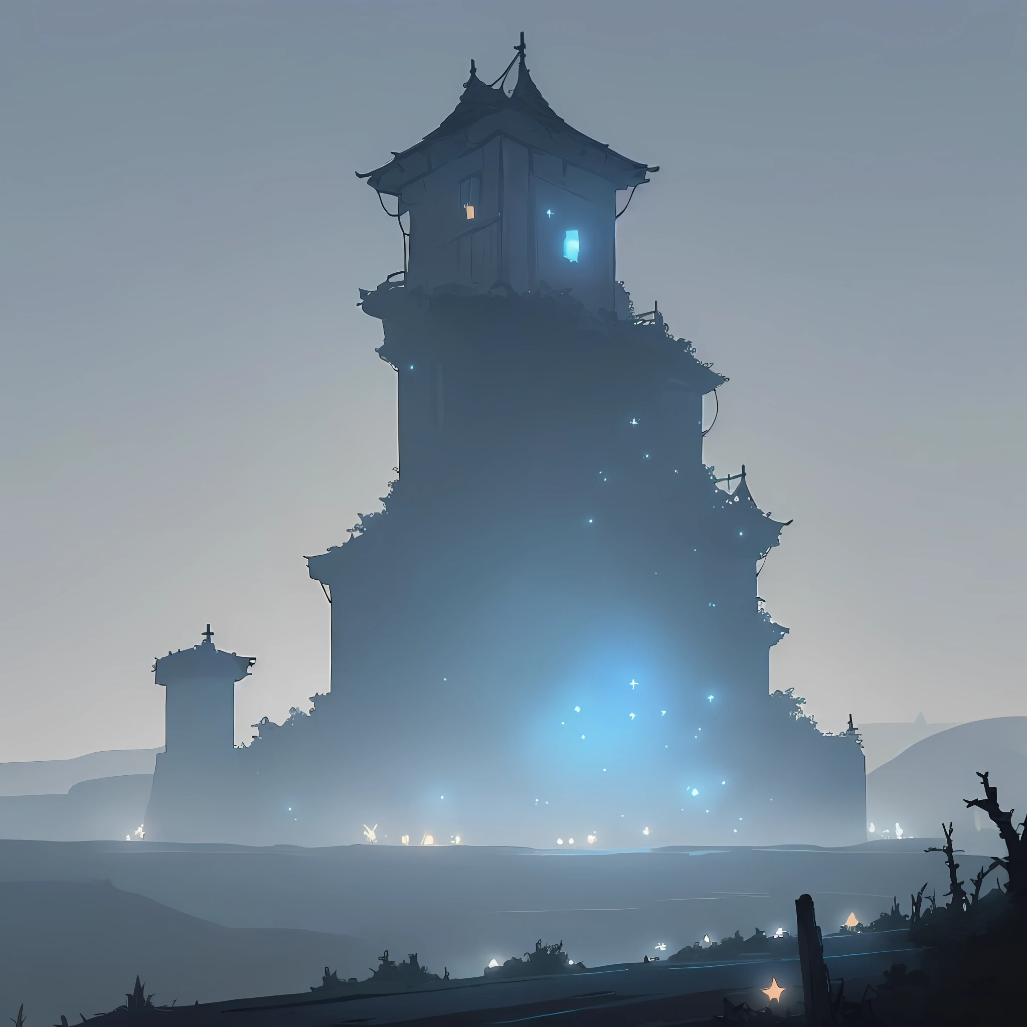 (best quality), (better shading), (view from below) old dark wooden bridge with a dilapidated appearance at the top of the image (very detailed, with large slats, lamps emitting bright blue light), located on top of a cliff of dry gray and yellow earth. The background should show a futuristic city illuminated by some distant light, environment shrouded in dense fog. Dusk, very dark gray and bluish environment. Small stones and shrubs in the foreground (very detailed, on the sides of the image). bluish night sky (with stars), grey clouds