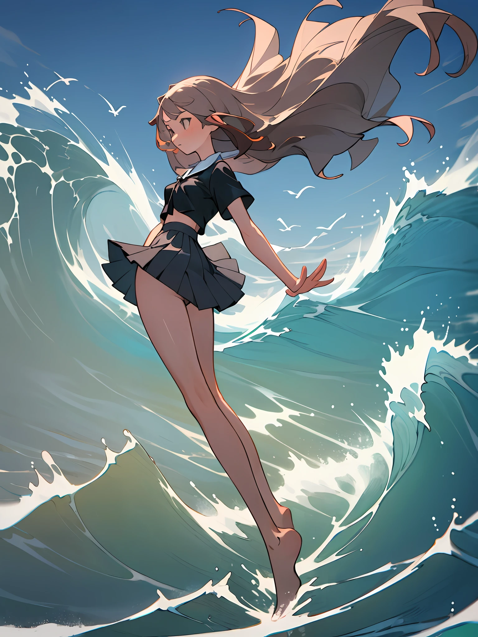 (Best quality, masterpiece), 1girl, the waves split in half, the girl walks in the waves, the figure swayes, facing the audience, long legs, short skirt, wind, seabirds