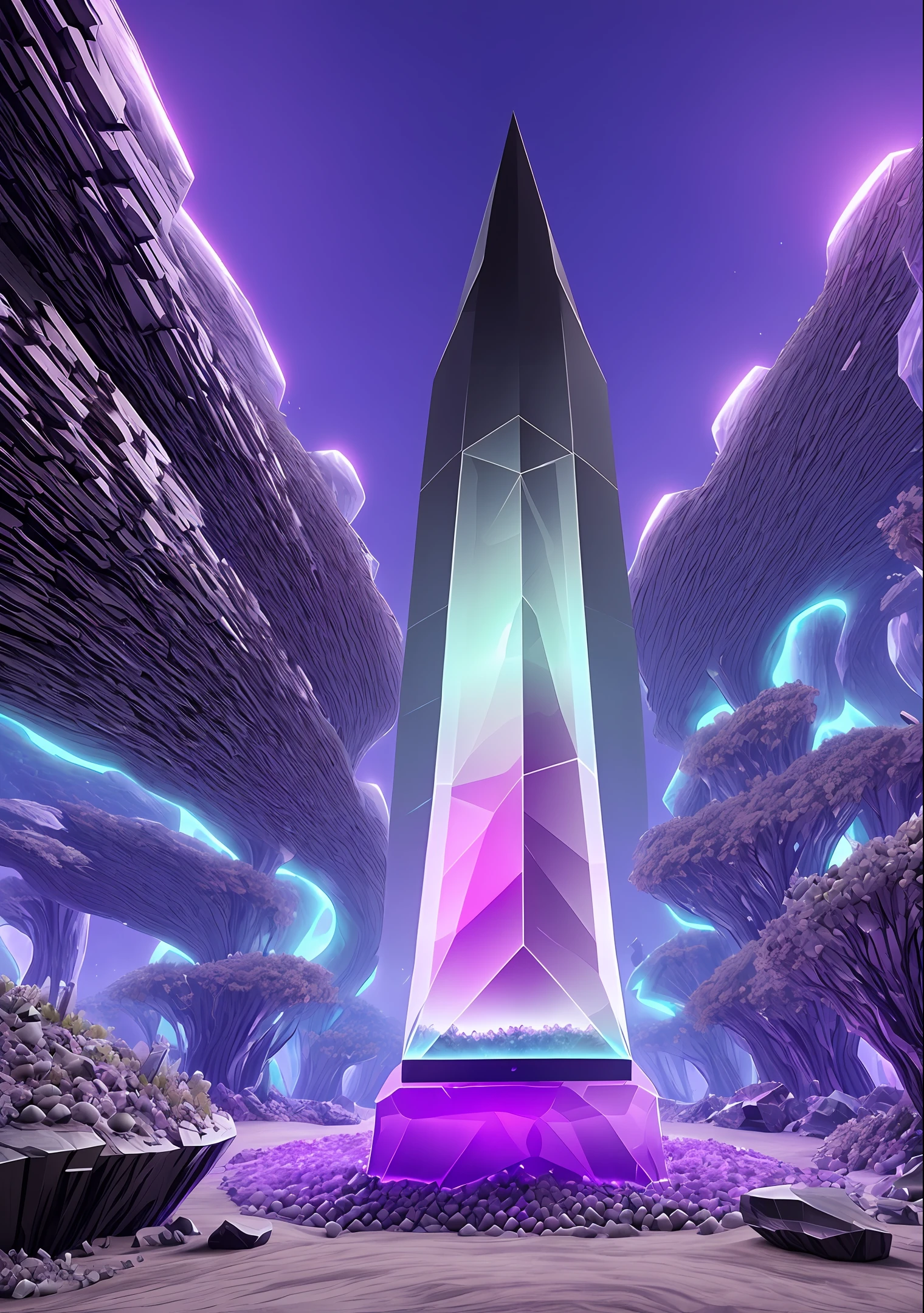 anthill, epic alien obsidian obelisk with pale violet crystals leaning against each other surrounding giant irregular shiny black cube in the middle, sand, fantasy, 4k