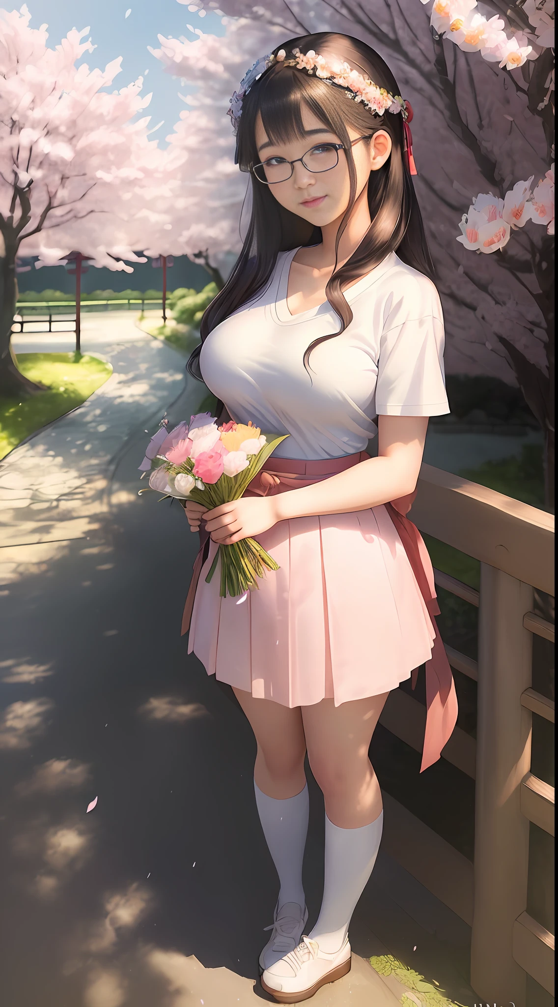 (beautiful illustration by apterus:1.2), Full Body, Japanese girl student, ((best quality extremely detailed)) Japanese girl beautiful student, Japanese student woman, beautiful hot student, charming fairy, medium breasts, sweet young woman (sexy look look), gorgeous face, goddess araffe in school clothes, white T-shirt with neckline, medium breasts, short hair, fleshy lips, wearing glasses, 19 years old holding a bouquet of flowers in her hands, A beautiful professional digital photograph, portrait of a beautiful student, portrait of young student, beautiful digital work, girl beauty, mulan portrait, portrait of a cute charming maiden, standing holding a bouquet under cherry trees raining petals (well detailed angelic scenery), Japanese goddess, Japanese girl, Japanese woman.