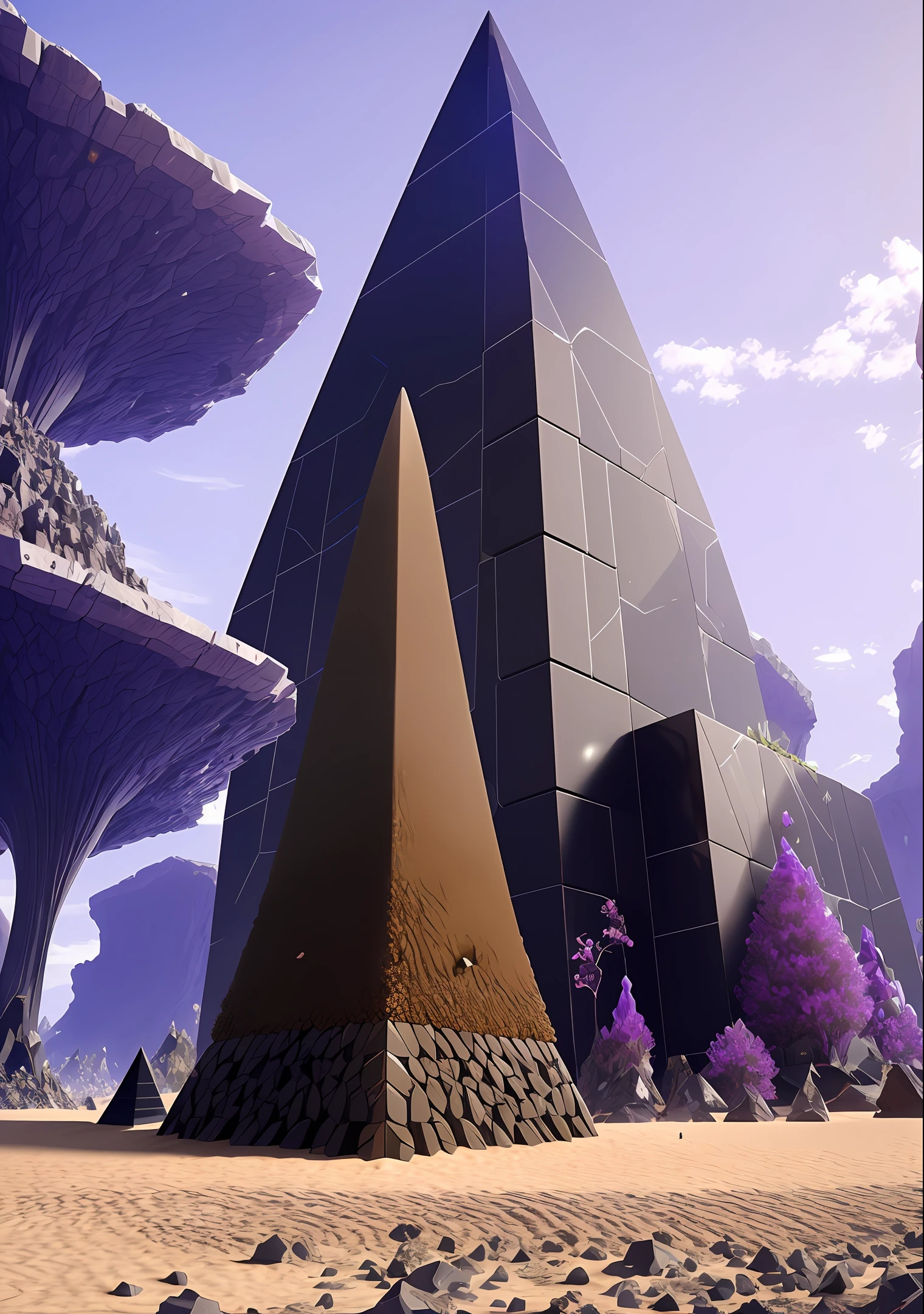 anthill, epic alien obsidian obelisk with pale violet crystals leaning against each other surrounding giant irregular shiny black cube in the middle, sand, fantasy, 4k