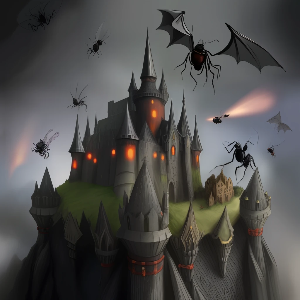 dark castle, ants as knights, dragon flying