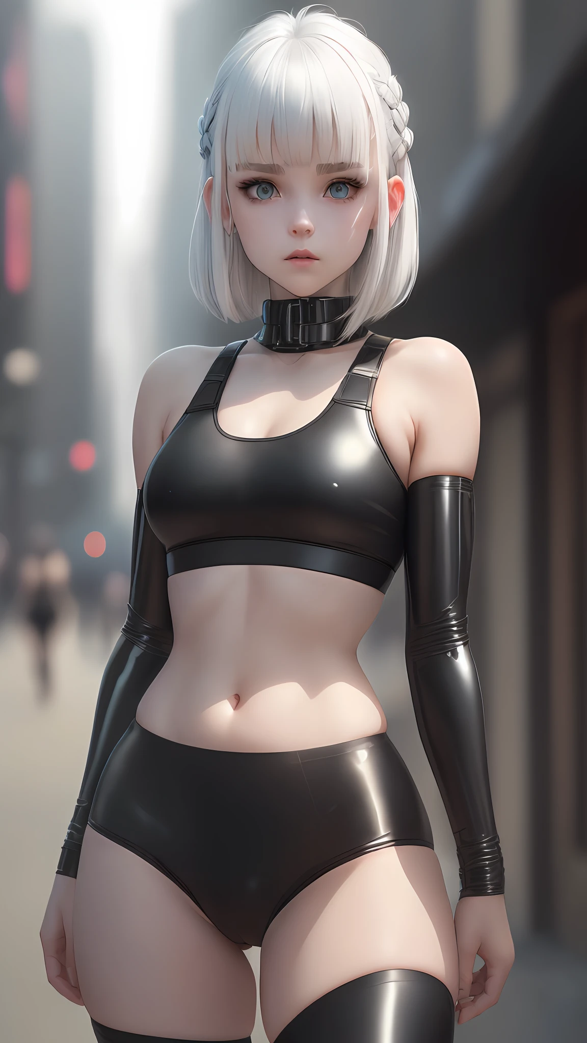 Cyberpunk Edgerunners, 1girl, Lucy \(cyberpunk\), blue eyes, cyber eyes,, pale skin, petite figure, (medium chest, wild girl, small head)), daylight, sunlight, (perfect body: 1,1), (young), (short wavy hair: 1,2), white hair, ((hair with bangs)), collar, full length, crowded street, wearing a tight cropped ((black latex sports bra), ((black latex panties) ),black latex panties, (extremely detailed CG 8k wallpaper), (an extremely delicate and beautiful), (masterpiece), (best quality: 1.0), (ultra high resolution: 1.0), gorgeous lighting, perfect flashes , realistic shadows, [high res], detailed skin, extremely detailed, pale skin, camel toe, barefoot