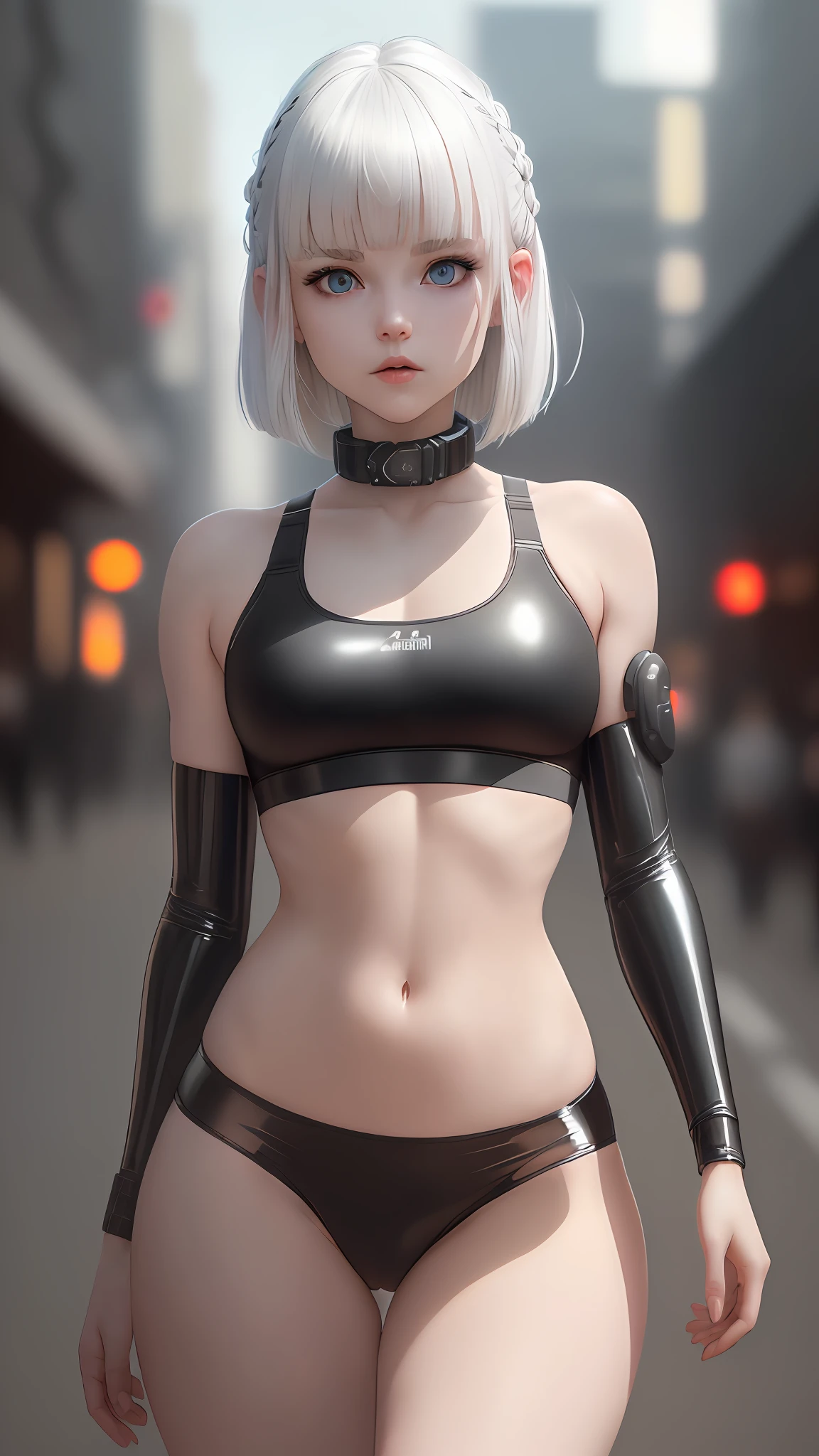 Cyberpunk Edgerunners, 1girl, Lucy \(cyberpunk\), blue eyes, cyber eyes,, pale skin, petite figure, (medium chest, wild girl, small head)), daylight, sunlight, (perfect body: 1,1), (young), (short wavy hair: 1,2), white hair, ((hair with bangs)), collar, full length, crowded street, wearing a tight cropped ((black latex sports bra), ((black latex panties) ),black latex panties, (extremely detailed CG 8k wallpaper), (an extremely delicate and beautiful), (masterpiece), (best quality: 1.0), (ultra high resolution: 1.0), gorgeous lighting, perfect flashes , realistic shadows, [high res], detailed skin, extremely detailed, pale skin, camel toe, barefoot