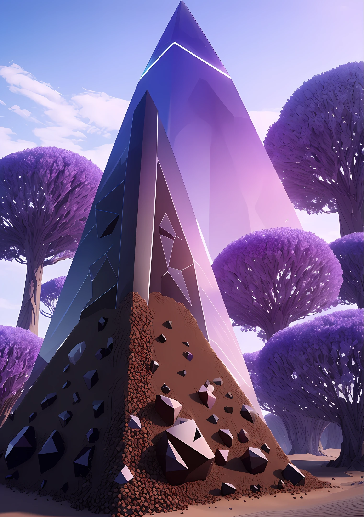 anthill, epic alien obsidian obelisk with pale violet crystals leaning against each other surrounding giant irregular shiny black cube in the middle, sand, fantasy, 4k