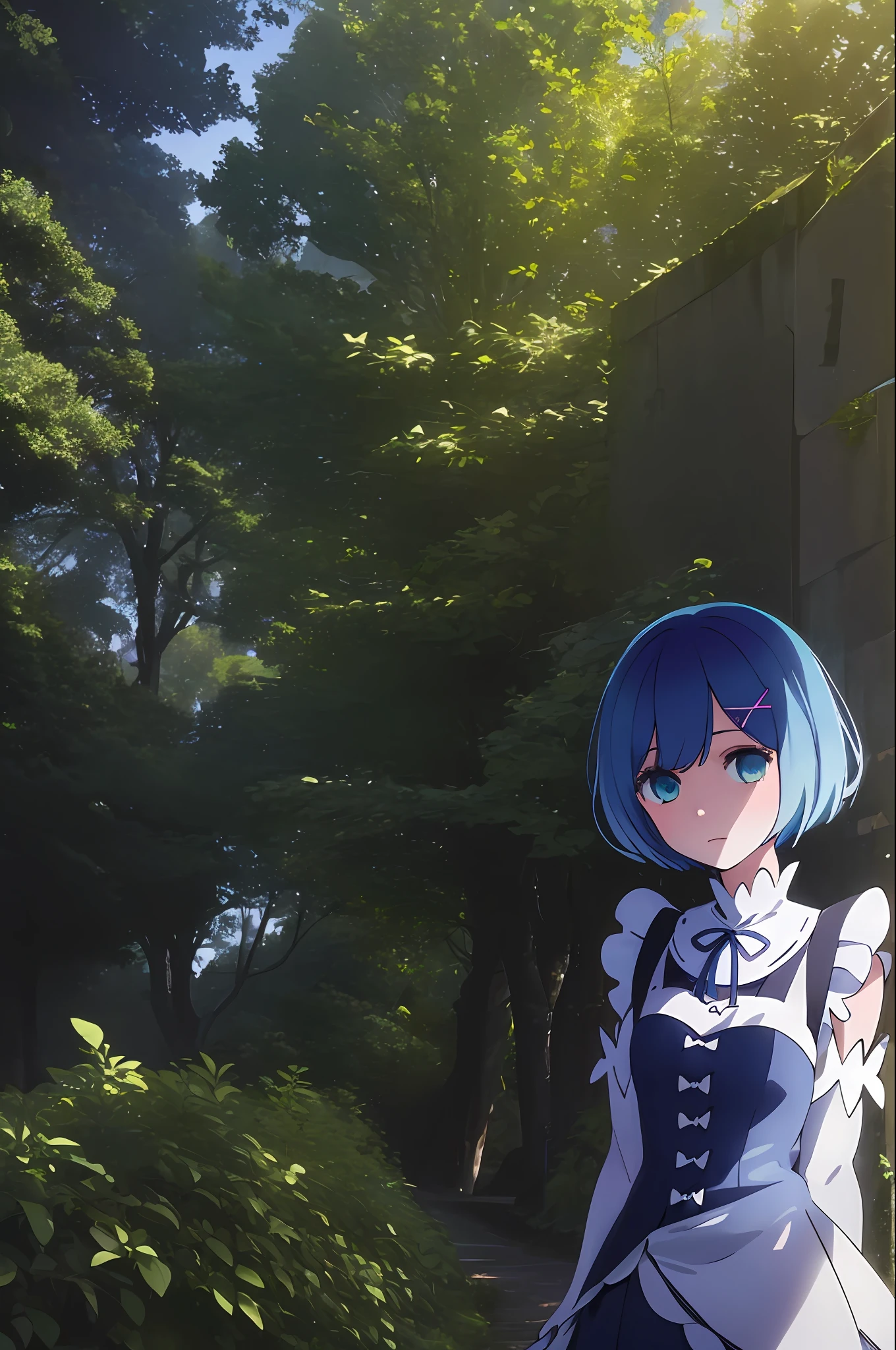 (masterpiece:1.6, best quality), (finely detailed beautiful eyes: 1.2), ph_rem, remhd, 1girl, blue hair, solo, blue eyes, x hair ornament,roswaal mansion maid uniform, maid, ocean,  bay, sunlight, trees, wave,  arms up