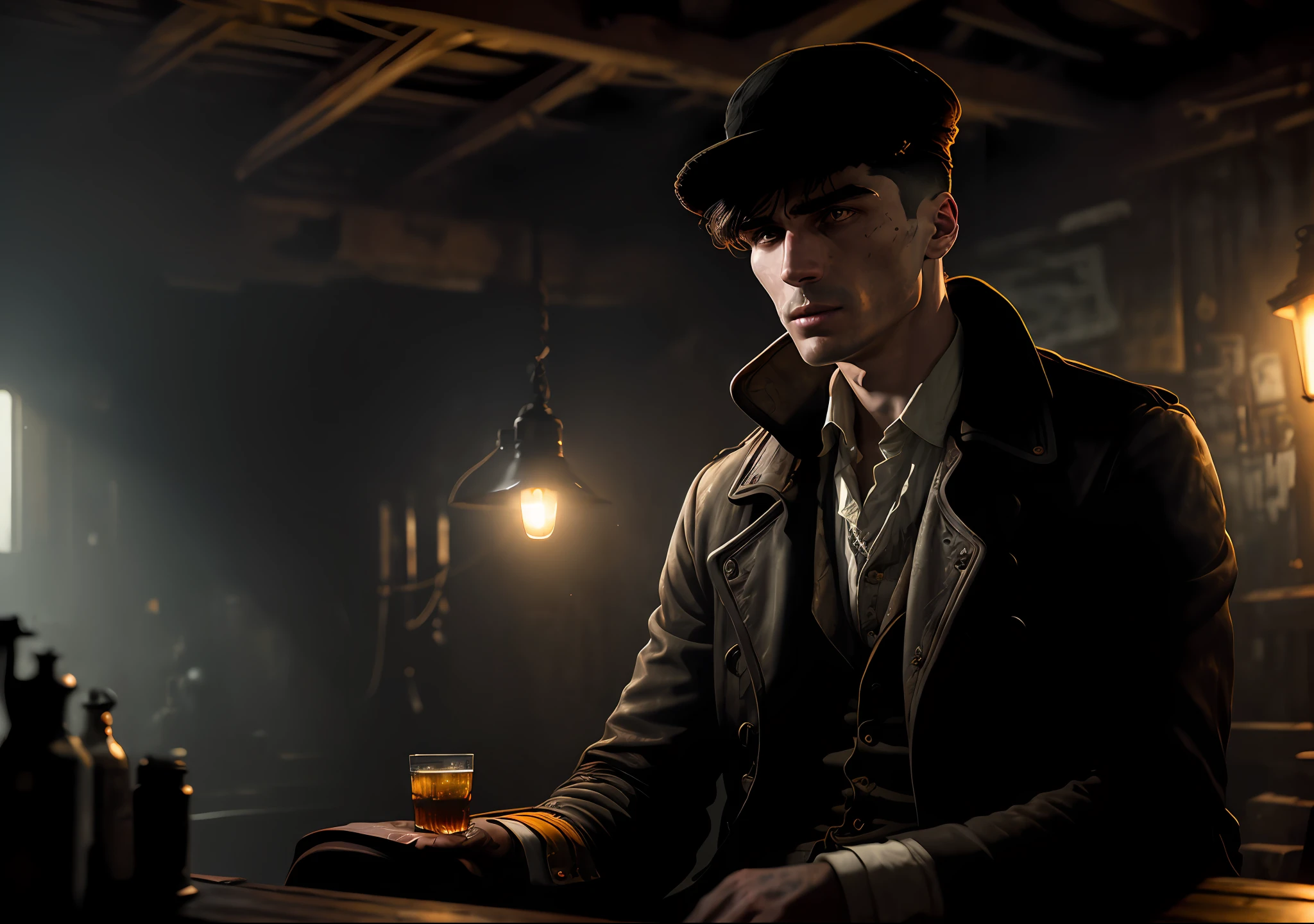 Thomas shelby DARK PHOTO: sitting on an old boat, realistic epic, portrait of, James Gilleard, Joe Fenton, Kaethe Butcher, yellow gradient, black, brown and magenta color scheme, grunge aesthetic!!! Graffiti brand wall background, art by Greg Rutkowski and Artgerm, soft cinematic light, Adobe Lightroom, Photo Lab, HDR, intricate, highly detailed, (depth of field: 1.4), faded, (neutral colors: 1.2), (HDR: 1.4), (soft colors:1.2), hyperdetailed, (Artstation:1.4), cinematic, warm lights, dramatic light, (intricate details:1.1), complex background, (Rutkowski:0.66), (blue and orange:0.4)