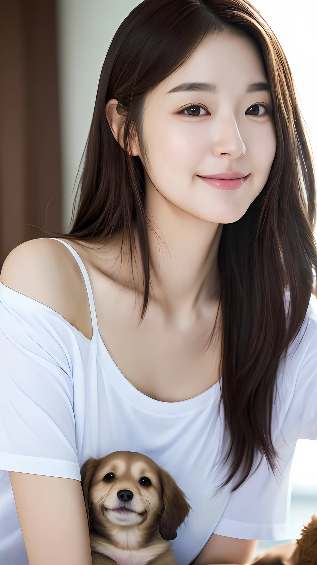realistic photos of (1 cute Korean star) Shoulder-length hair, thin makeup, medium breasts size, slightly smile, t-shirt, playing with dog, clear facial features of Canon EOS, 8K high resolution, sharp and realistic details.
