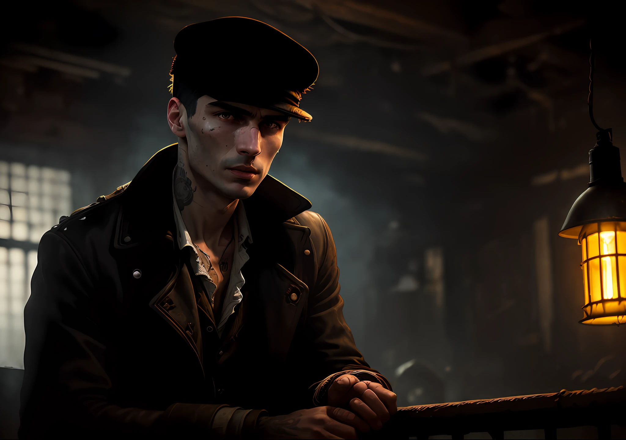 Thomas shelby DARK PHOTO: sitting on an old boat, realistic epic, portrait of, James Gilleard, Joe Fenton, Kaethe Butcher, yellow gradient, black, brown and magenta color scheme, grunge aesthetic!!! Graffiti brand wall background, art by Greg Rutkowski and Artgerm, soft cinematic light, Adobe Lightroom, Photo Lab, HDR, intricate, highly detailed, (depth of field: 1.4), faded, (neutral colors: 1.2), (HDR: 1.4), (soft colors:1.2), hyperdetailed, (Artstation:1.4), cinematic, warm lights, dramatic light, (intricate details:1.1), complex background, (Rutkowski:0.66), (blue and orange:0.4)