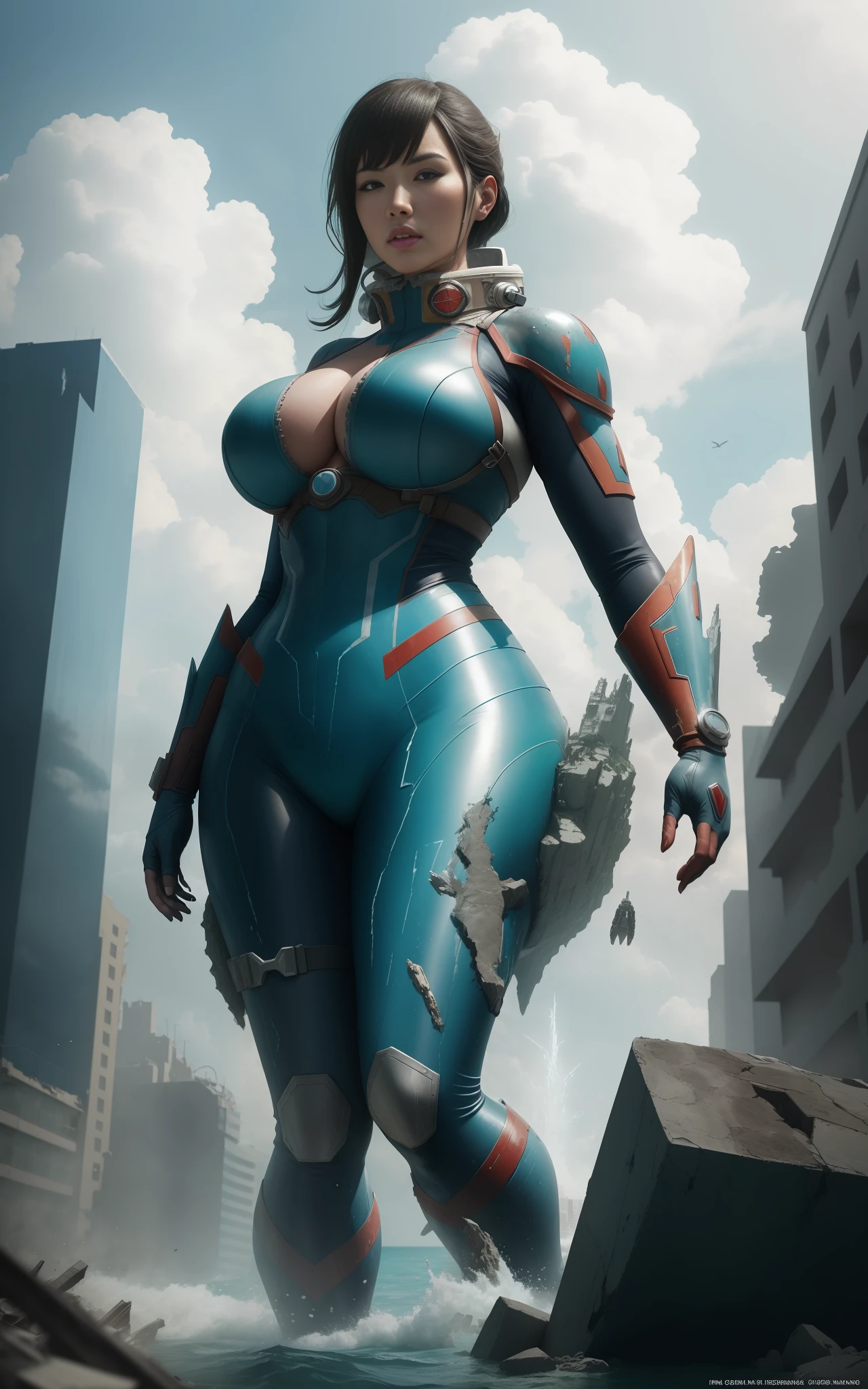 You find yourself in a completely destroyed city. A giant woman, with the appearance of Ultraman, stands beside you. She is imposing, and her presence is impressive. At the same time, a giant aquatic monster is seen emerging from the debris-filled waters, adding further tension to the scene. Despite the chaotic environment, the image is in high resolution and quality, allowing for a detailed view of this unique scene