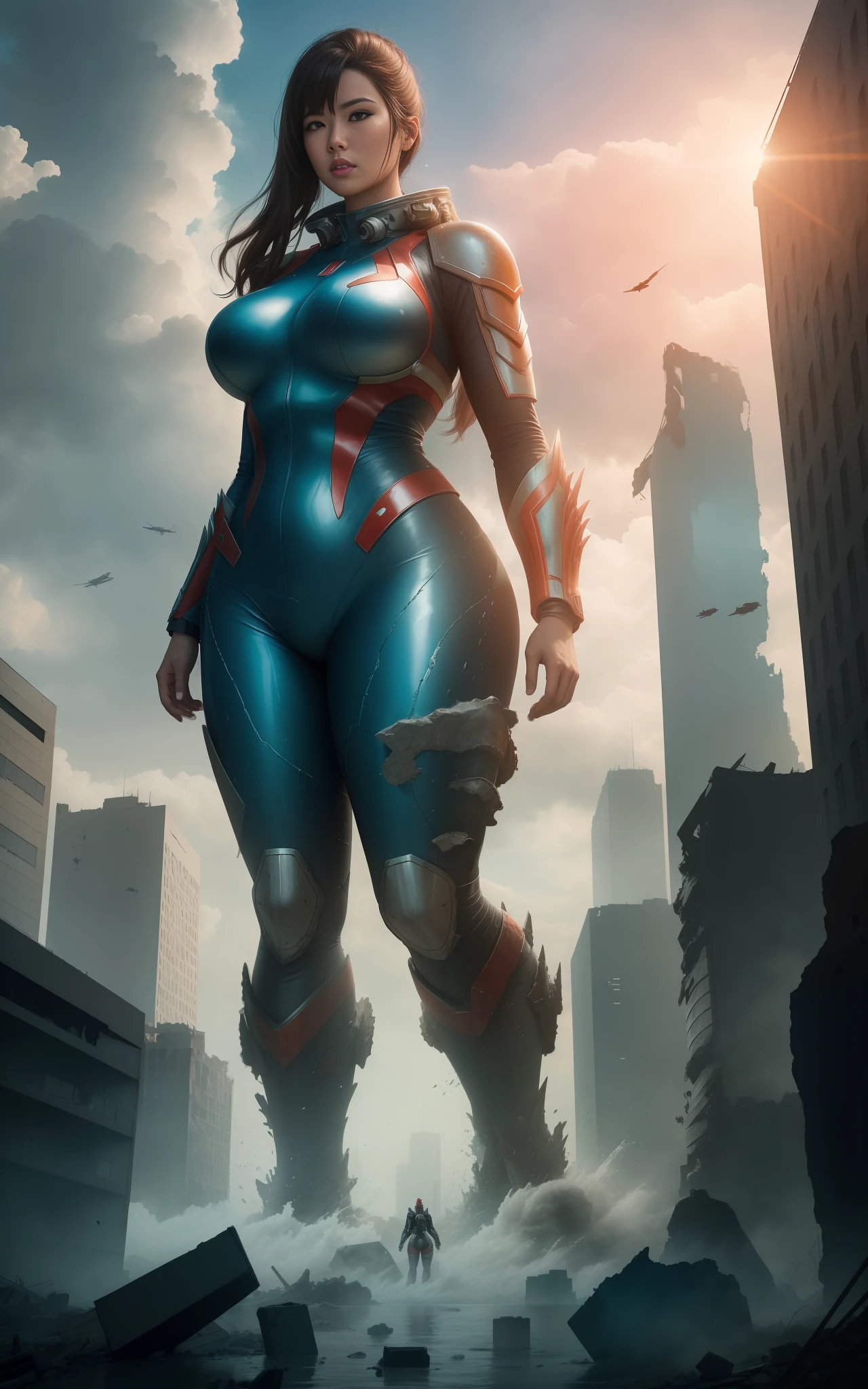 You find yourself in a completely destroyed city. A giant woman, with the appearance of Ultraman, stands beside you. She is imposing, and her presence is impressive. At the same time, a giant aquatic monster is seen emerging from the debris-filled waters, adding further tension to the scene. Despite the chaotic environment, the image is in high resolution and quality, allowing for a detailed view of this unique scene