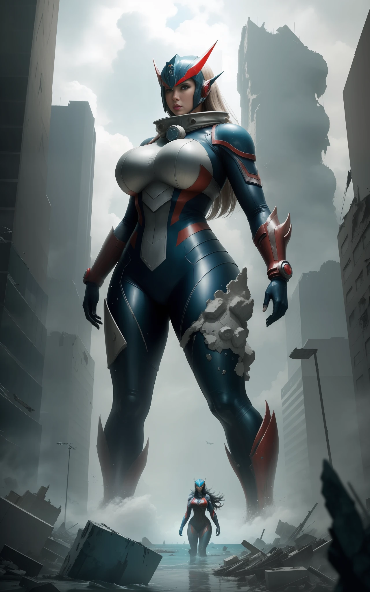 You find yourself in a completely destroyed city. A giant woman, with the appearance of Ultraman, stands beside you. She is imposing, and her presence is impressive. At the same time, a giant aquatic monster is seen emerging from the debris-filled waters, adding further tension to the scene. Despite the chaotic environment, the image is in high resolution and quality, allowing for a detailed view of this unique scene