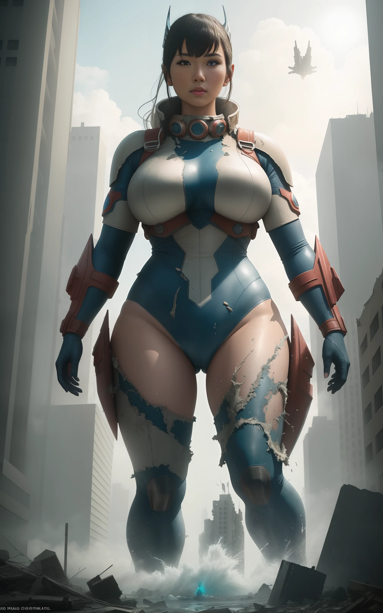 You find yourself in a completely destroyed city. A giant woman, with the appearance of Ultraman, stands beside you. She is imposing, and her presence is impressive. At the same time, a giant aquatic monster is seen emerging from the debris-filled waters, adding further tension to the scene. Despite the chaotic environment, the image is in high resolution and quality, allowing for a detailed view of this unique scene