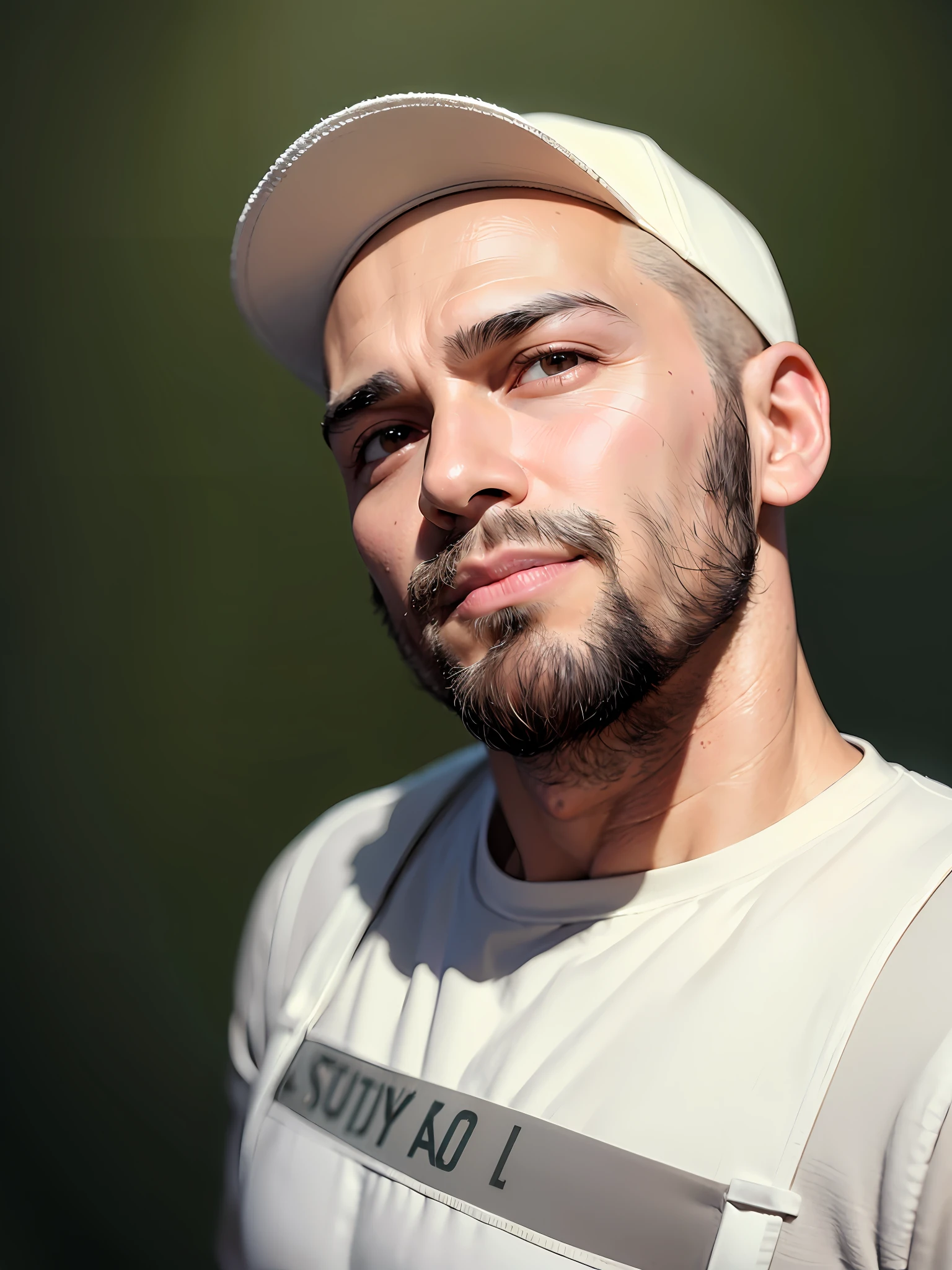 Best quality, realistic, award-winning illustration, (complicated detail: 1.2), (fine detail), (complicated detail), (cinematic lights, best quality), sharp lines, sharp focus, official art, 16k, on a white background, (A man with a smiling face: 1.3), a playful young boss, there is a man with bald head without beard, (bald short-bearded: 1.3), bald head and smiling look, without beard, about 35 years, (38 years), men of 45 years, without completely bald hair, (short goatee: 1.3), (face with fine details of wrinkles: 1.2), (details of the aged face: 1.2), (without beard: 1.3), (normal body without muscles: 1.3) (without muscles: 1.3), pronounced male characteristic, flirting with the camera. wearing black apron uniform with green, wearing cap, black cap and green details, wearing jeans, man posing for a photo, holding a huge can of creamy dulce de leche, dulce de leche pouring, splattering dulce de leche, explosion dulce de leche, all-white background, headshot profile picture, posing for a photo.