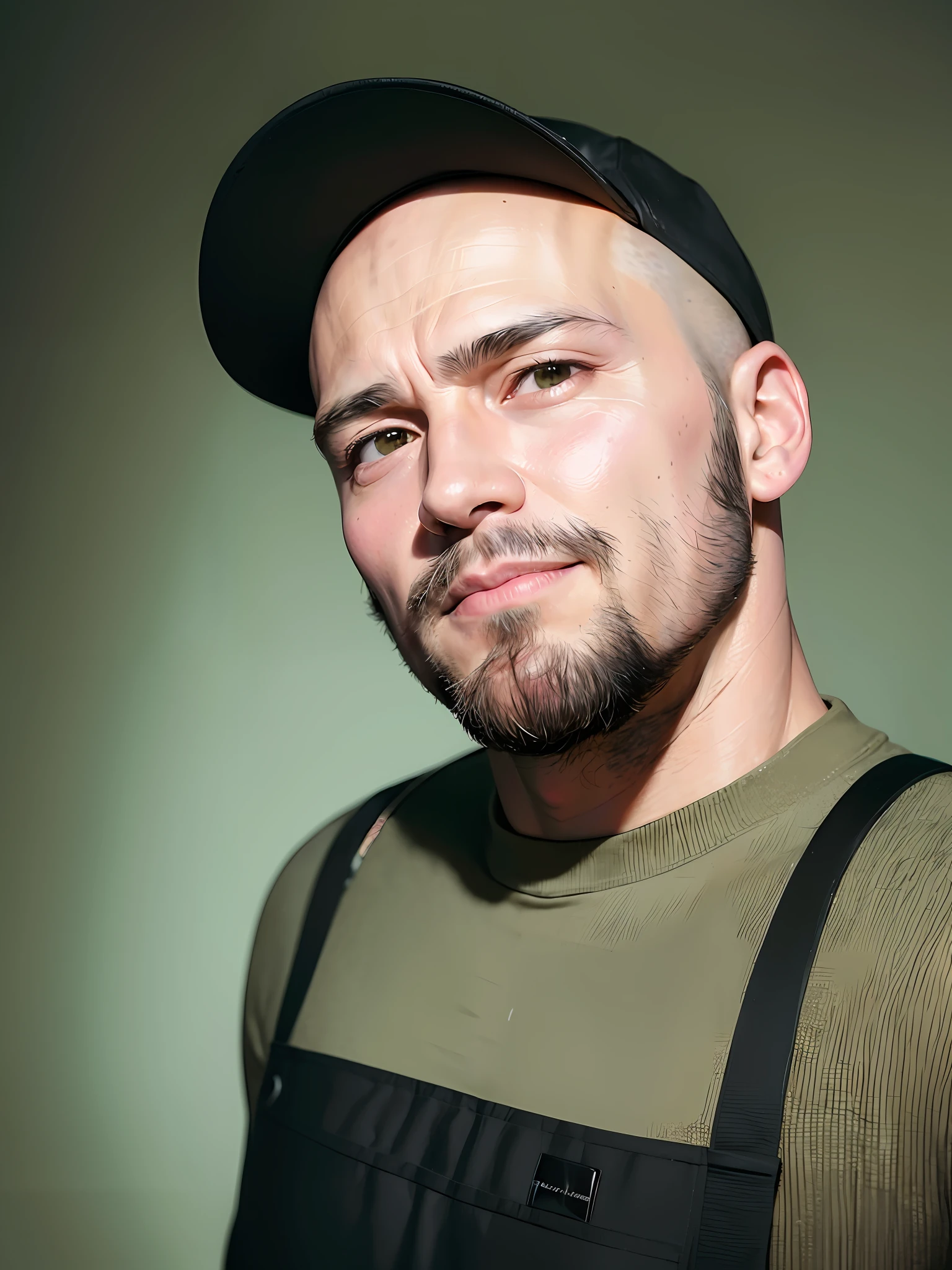 Best quality, realistic, award-winning illustration, (complicated detail: 1.2), (fine detail), (complicated detail), (cinematic lights, best quality), sharp lines, sharp focus, official art, 16k, on a white background, (A man with a smiling face: 1.3), a playful young boss, there is a man with bald head without beard, (bald short-bearded: 1.3), bald head and smiling look, without beard,  about 35 years, (38 years), men of 45 years, without completely bald hair, (short goatee: 1.3), (face with fine details of wrinkles: 1.2), (details of the aged face: 1.2), (without beard: 1.3), (normal body without muscles: 1.3) (without muscles: 1.3), pronounced male characteristic, flirting with the camera. wearing black apron uniform with green, wearing cap, black cap and green details, wearing jeans, man posing for a photo, holding a huge can of creamy dulce de leche, dulce de leche pouring, splattering dulce de leche, explosion dulce de leche, all-white background, headshot profile picture, posing for a photo.