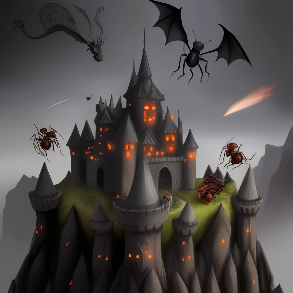 dark castle, ants as knights, dragon flying