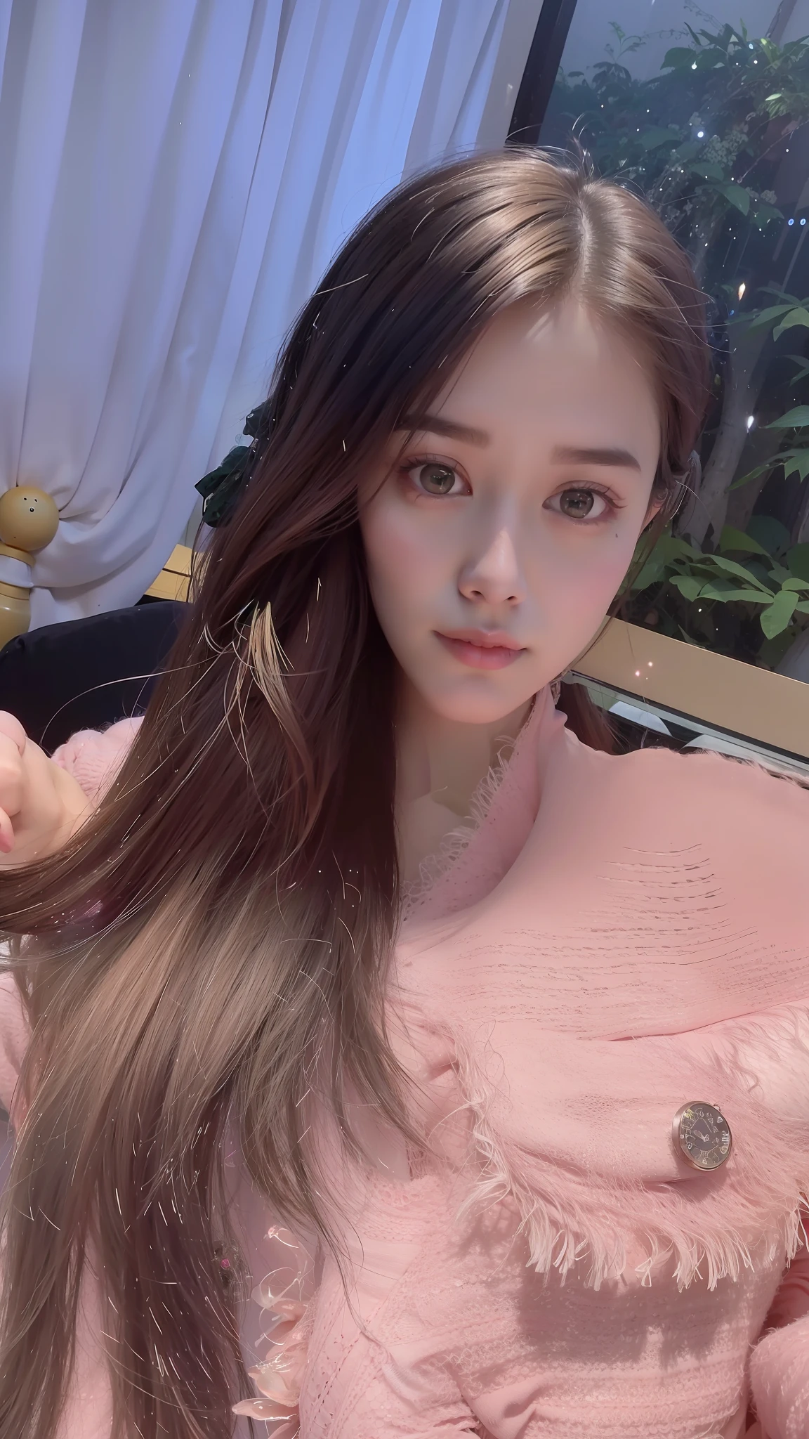 araffe with long hair and a pink sweater posing for a picture, ulzzang, xintong chen, dilraba dilmurat, sakimichan, 8k selfie photograph, gorgeous young korean woman, zmonzheng, beautiful south korean woman, asian girl with long hair, korean girl, beautiful young korean woman, fan bingbing