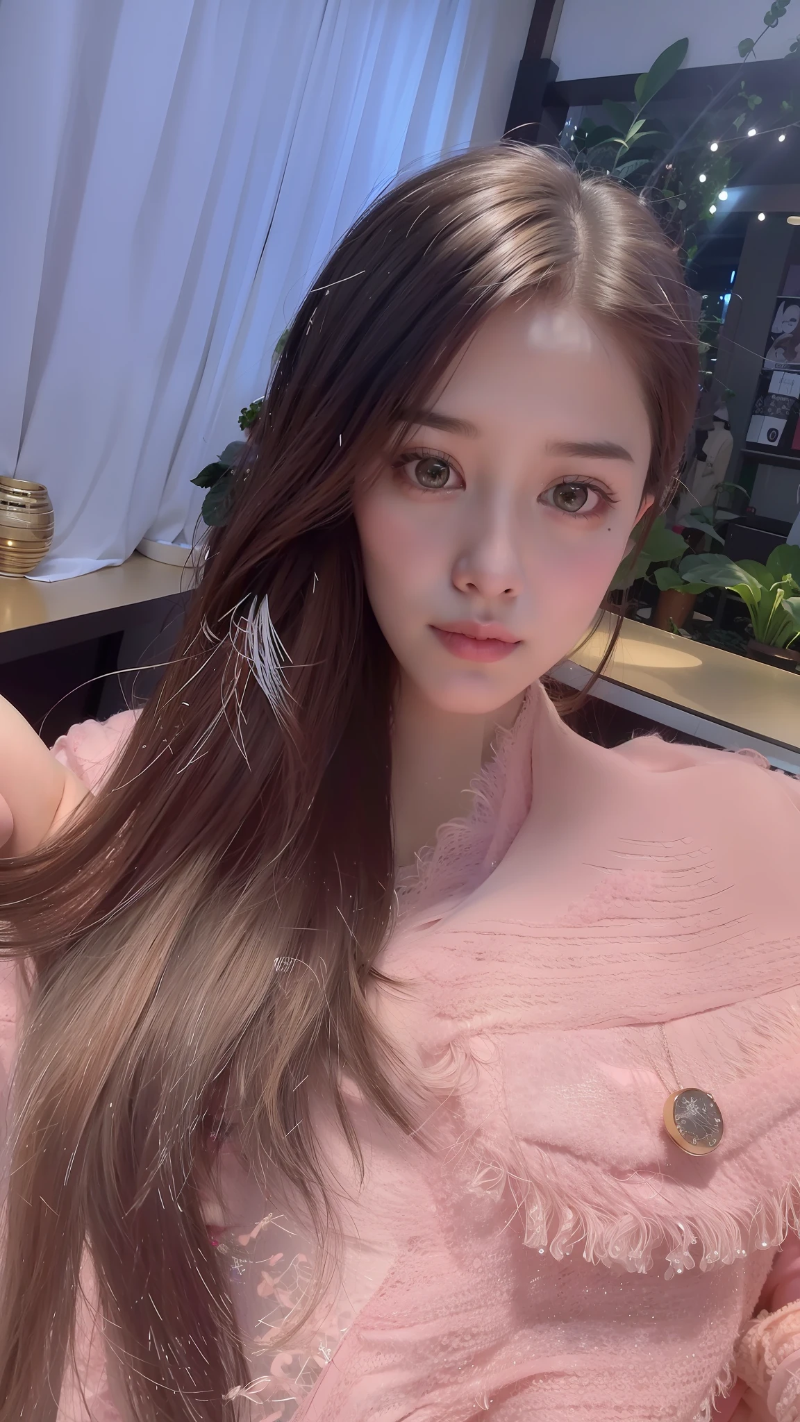 araffe with long hair and a pink sweater posing for a picture, ulzzang, xintong chen, dilraba dilmurat, sakimichan, 8k selfie photograph, gorgeous young korean woman, zmonzheng, beautiful south korean woman, asian girl with long hair, korean girl, beautiful young korean woman, fan bingbing