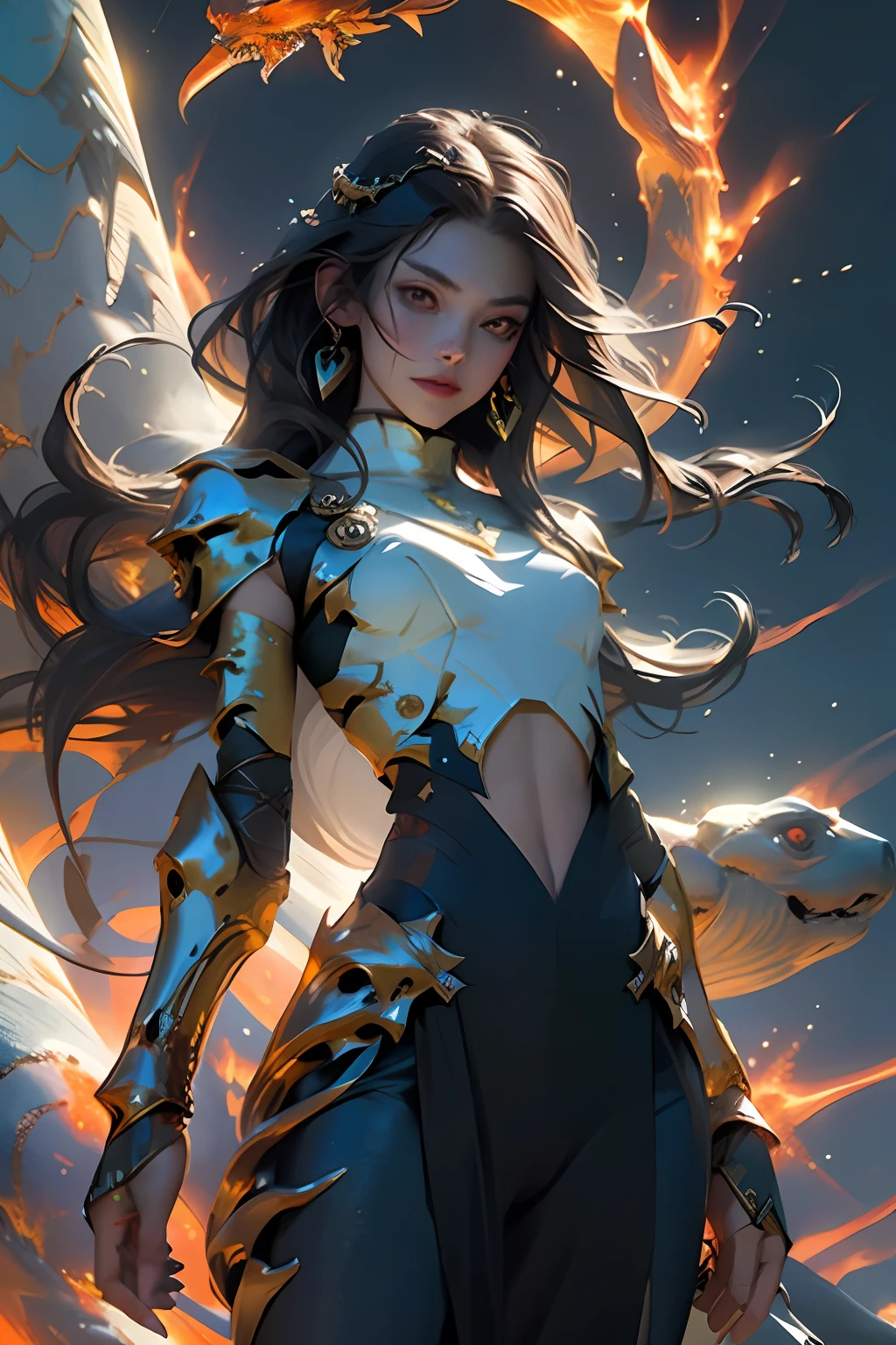 unity 8k wallpaper,(masterpiece),best quality,ultra high res,slim body,1girl,warrior girl,long hair,looking at viewer,(dynamic pose),(dramatic angle),photon mapping,radiosity,physically-based rendering,cinematic lighting,intricate,High Detail,Sharp focus,dramatic,photorealistic, loong mechanical parts,loong robot joints,loong headgear,full armor,Golden theme,Golden energy loong,king of animal,Excalibur,exposed,cleavag,(floating colorful {wind|water magic|ink|crystals|fire|ice|flame|lightning|web|rocks|sand|particles|sparkles|blood}:1),from below,fish eyes