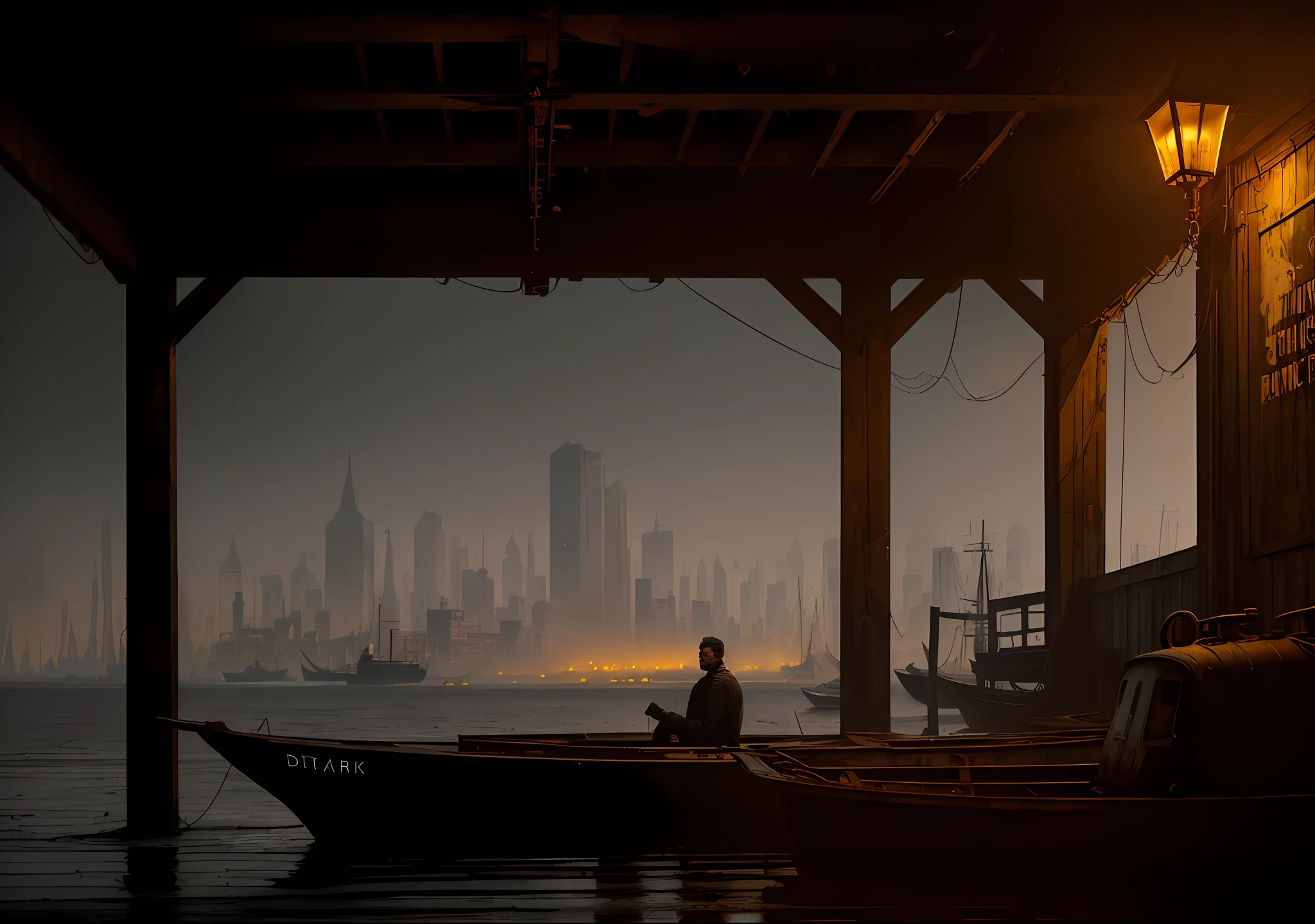 TOM HANKS DARK PHOTO: Sitting on an old boat, realistic epic, portrait of, James Gilleard, by Joe Fenton, by Kaethe Butcher, yellow gradient, black, brown and magenta color scheme, grunge aesthetic!!! Graffiti brand wall background, art by Greg Rutkowski and Artgerm, soft cinematic light, Adobe Lightroom, Photo Lab, HDR, intricate, highly detailed, (depth of field: 1.4), faded, (neutral colors: 1.2), (HDR: 1.4), (soft colors:1.2), hyperdetailed, (Artstation:1.4), cinematic, warm lights, dramatic light, (intricate details:1.1), complex background, (Rutkowski:0.66), (blue and orange:0.4)