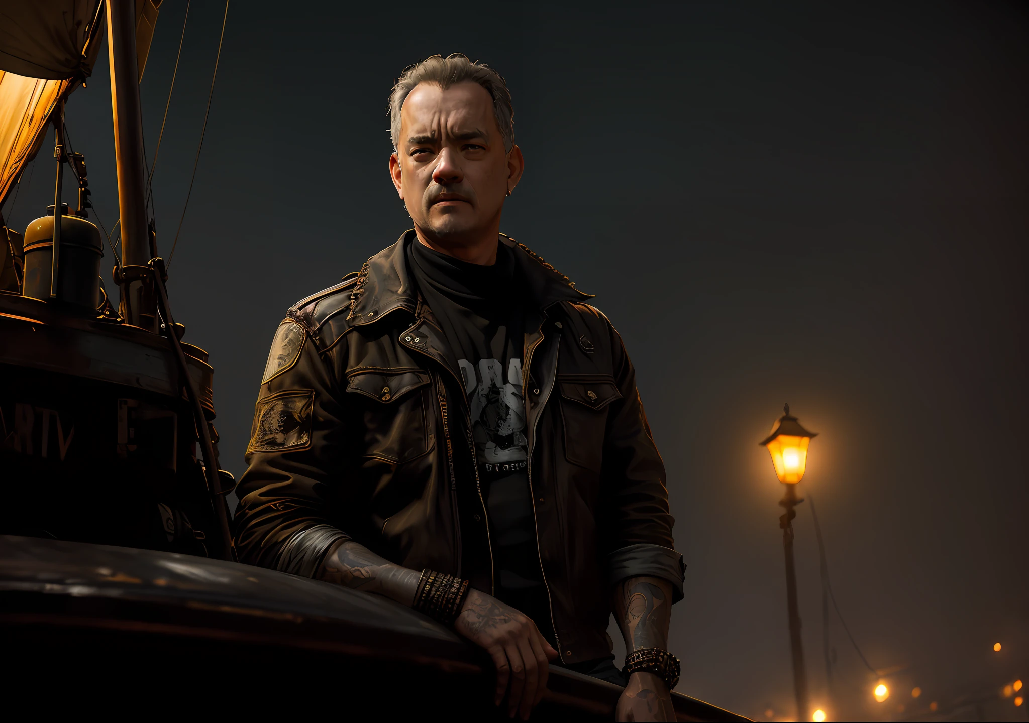 TOM HANKS DARK PHOTO: Sitting on an old boat, realistic epic, portrait of, James Gilleard, by Joe Fenton, by Kaethe Butcher, yellow gradient, black, brown and magenta color scheme, grunge aesthetic!!! Graffiti brand wall background, art by Greg Rutkowski and Artgerm, soft cinematic light, Adobe Lightroom, Photo Lab, HDR, intricate, highly detailed, (depth of field: 1.4), faded, (neutral colors: 1.2), (HDR: 1.4), (soft colors:1.2), hyperdetailed, (Artstation:1.4), cinematic, warm lights, dramatic light, (intricate details:1.1), complex background, (Rutkowski:0.66), (blue and orange:0.4)