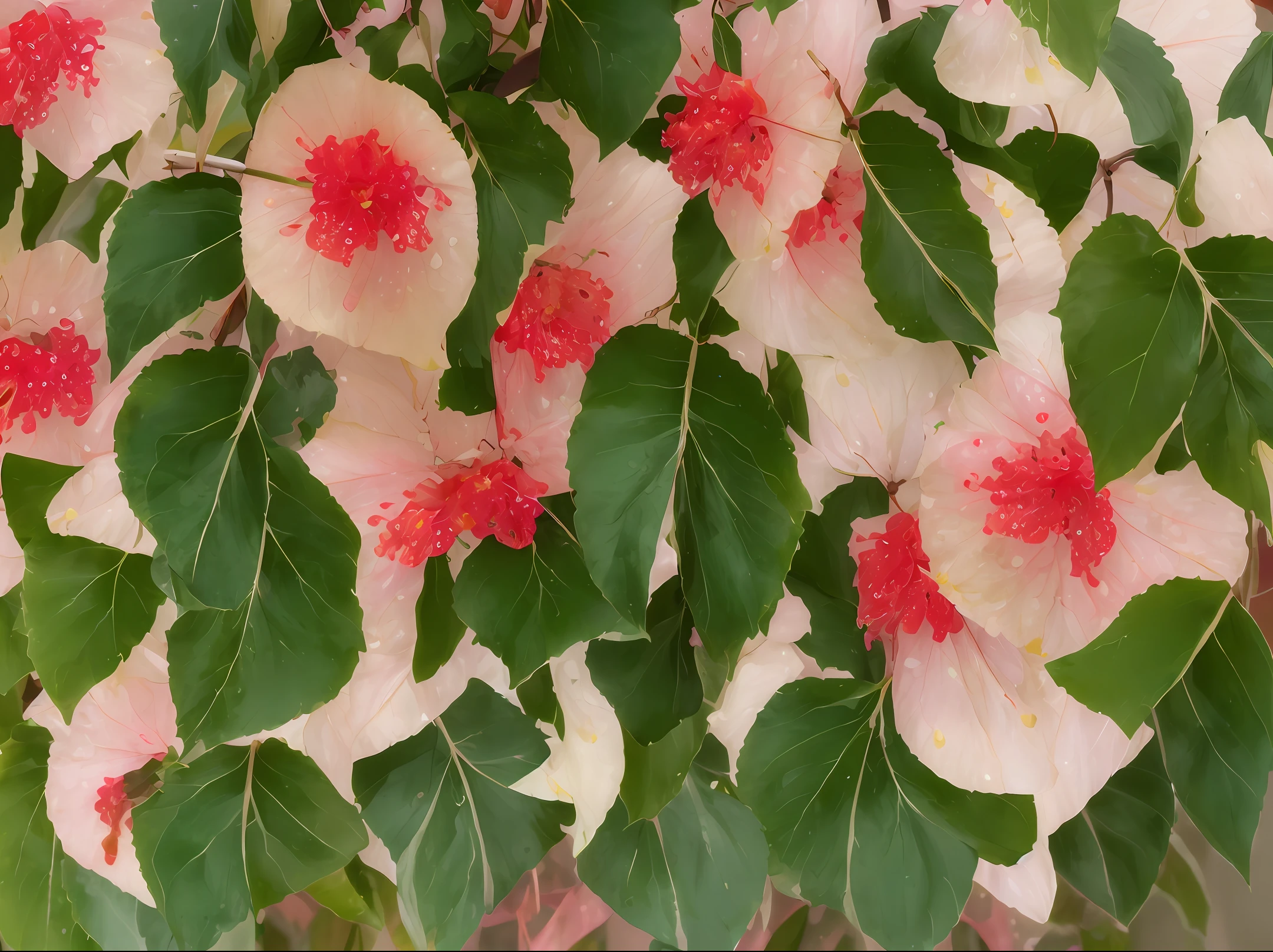 Weeping begonia, with dewdrops, master works, begonia flowers, white pink red, many strings of begonia flowers, like wind chimes, petals with dewdrops, delicate, crystal engine, colorful dazzling, sunny, HD