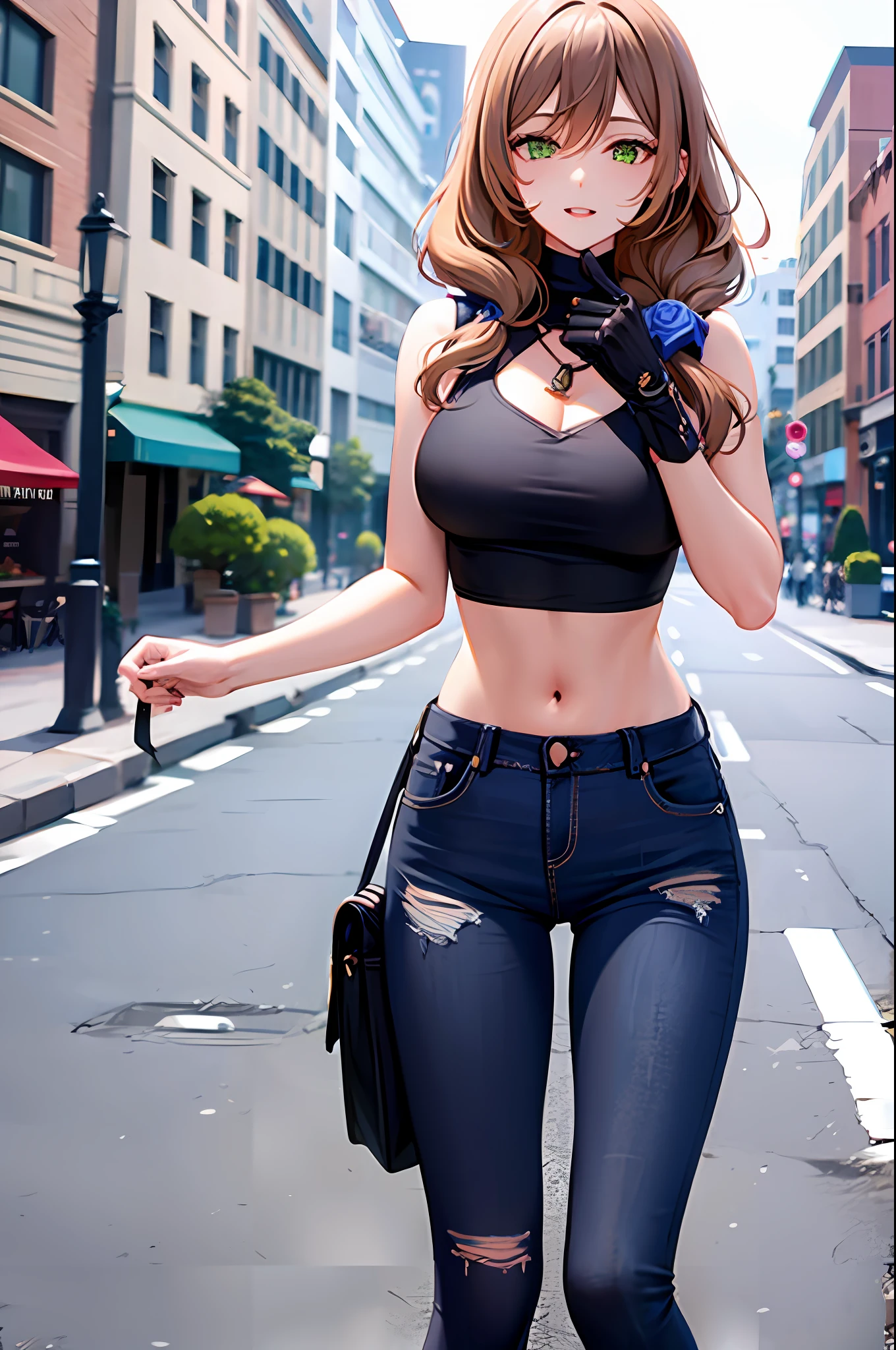 Black crop top, ripped jeans, street background