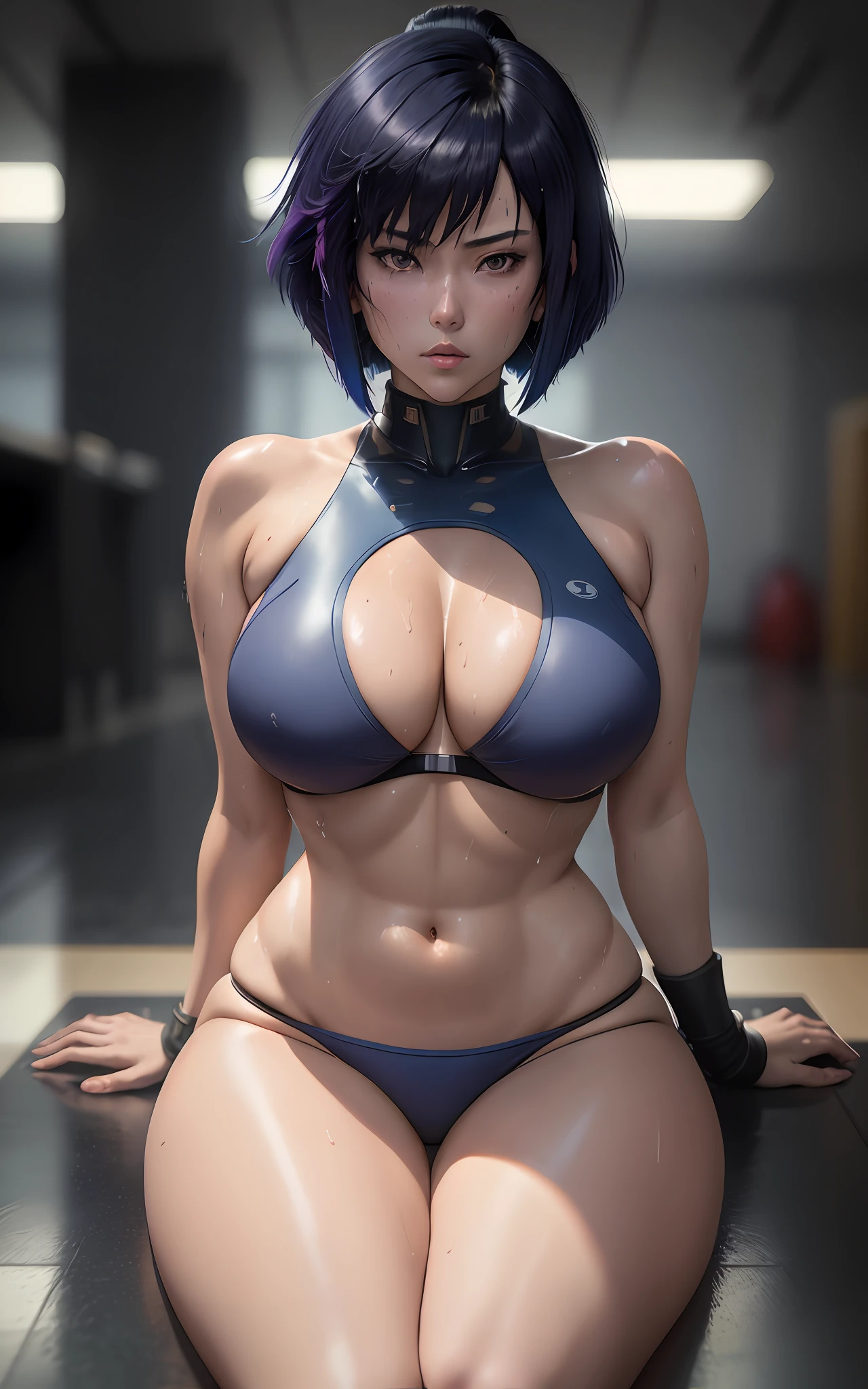 Motoko Kusanagi from anime Ghost in the Shell, (inverted bob hair:1.2), (messy hair:0.3), dark blue hair, ponytail, sexy bikini, (sweating:1.2), exhausted, intricate detail, depth of field, backlighting, (masterpiece), (high details), award winning, high quality, best quality, 8k, sitting, hand touching breasts, floor, looking at the viewer, romantic