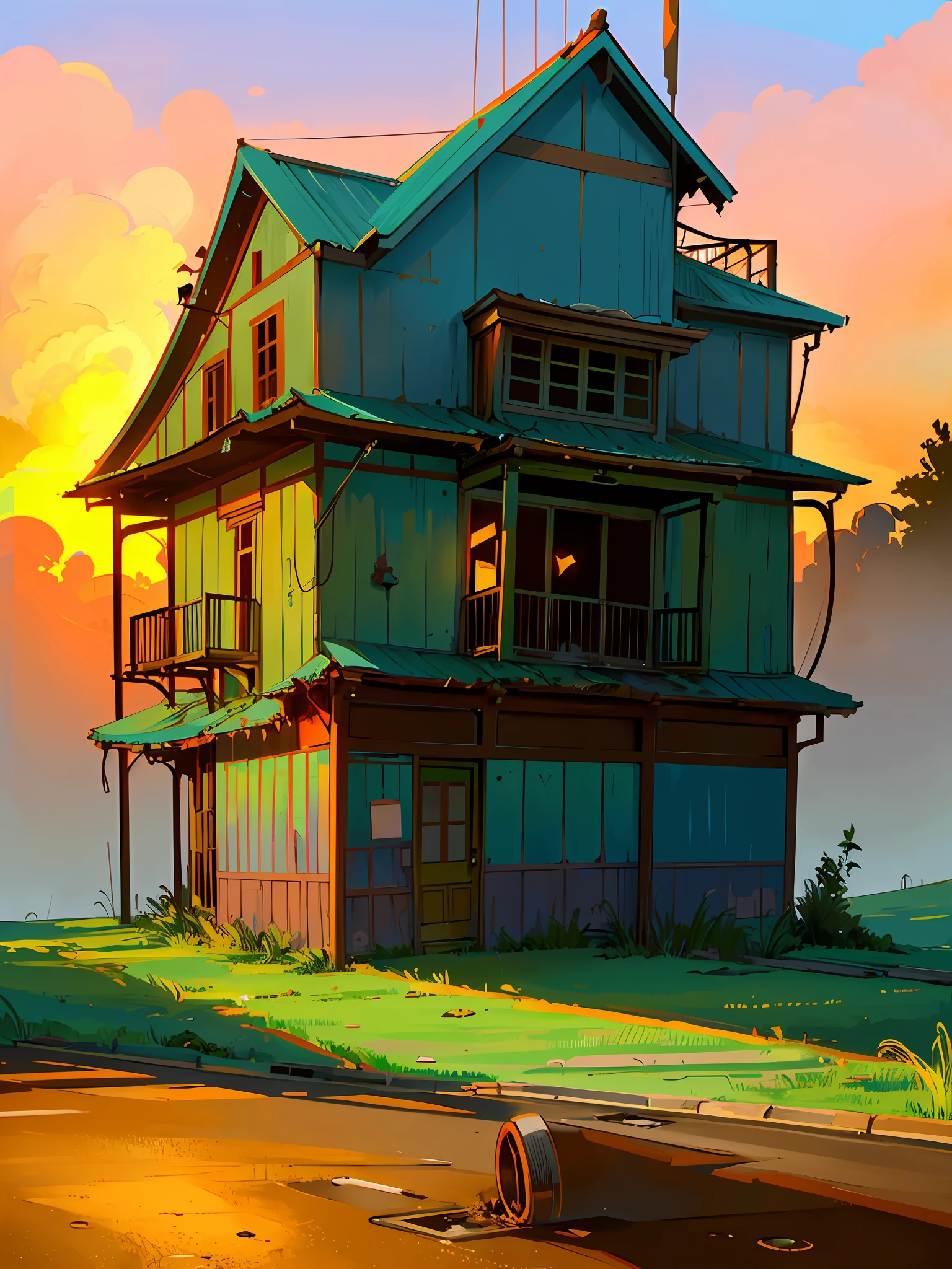 there is a house that is sitting on a hill with a sky background, beeple. hyperrealism, morning golden hour, award winning cinematic still, realism | beeple, beeple and mike winkelmann, taken at golden hour, dilapidated house, abandoned japaense village, extreme drama, old house, abandoned house