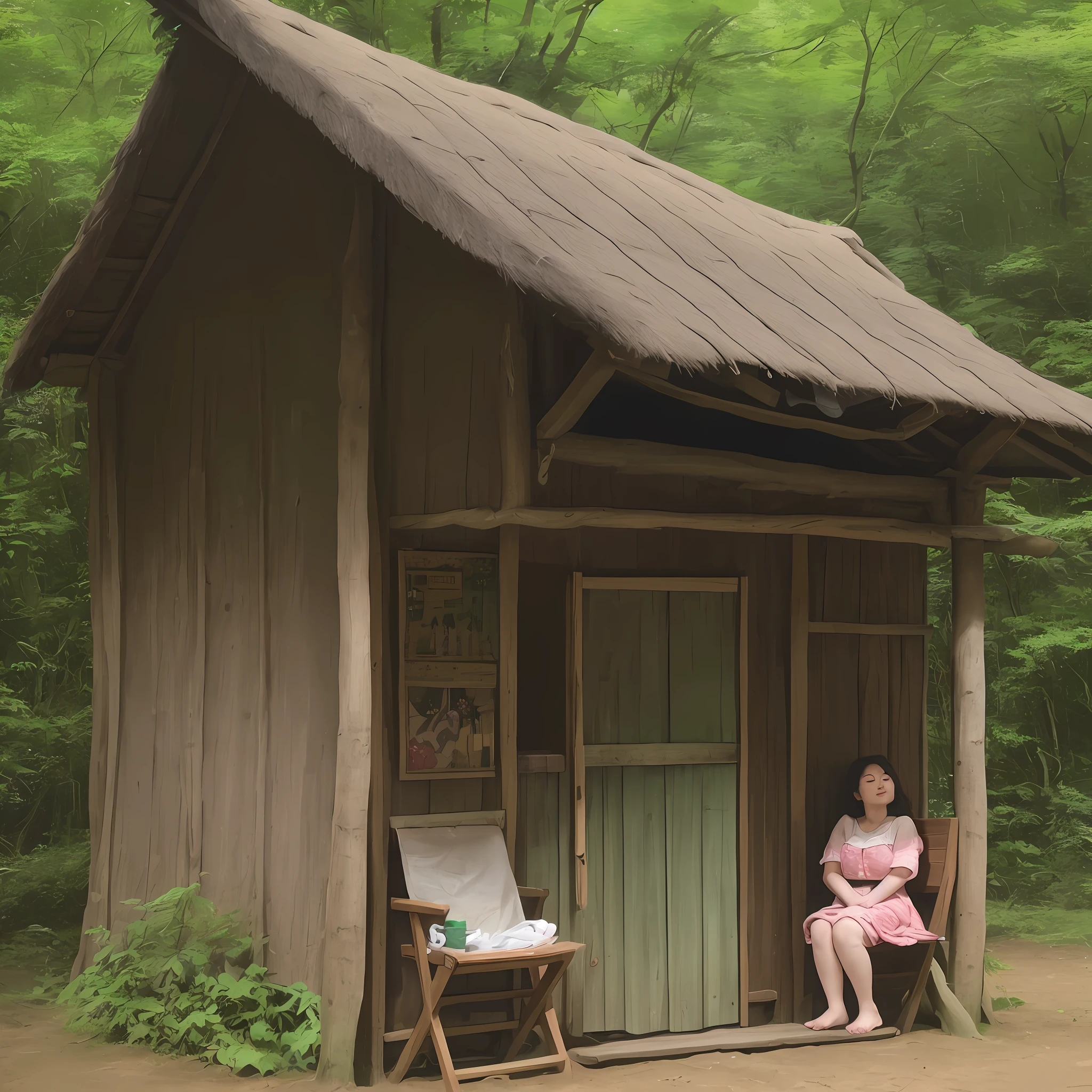 A beautiful woman sleeping on a chair in front of a hut in the forest