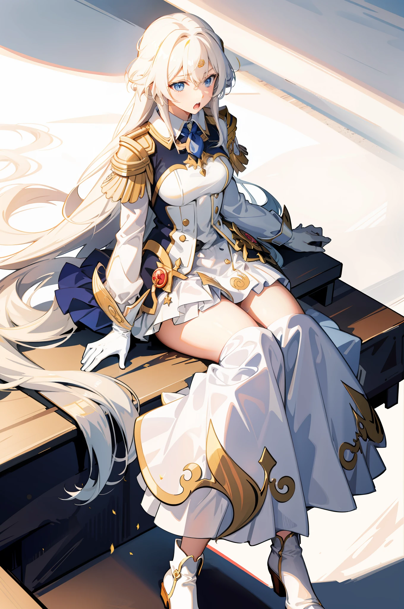 Girl, golden flowing hair, blue eyes, White School uniform, sitting yawning in class, anime
