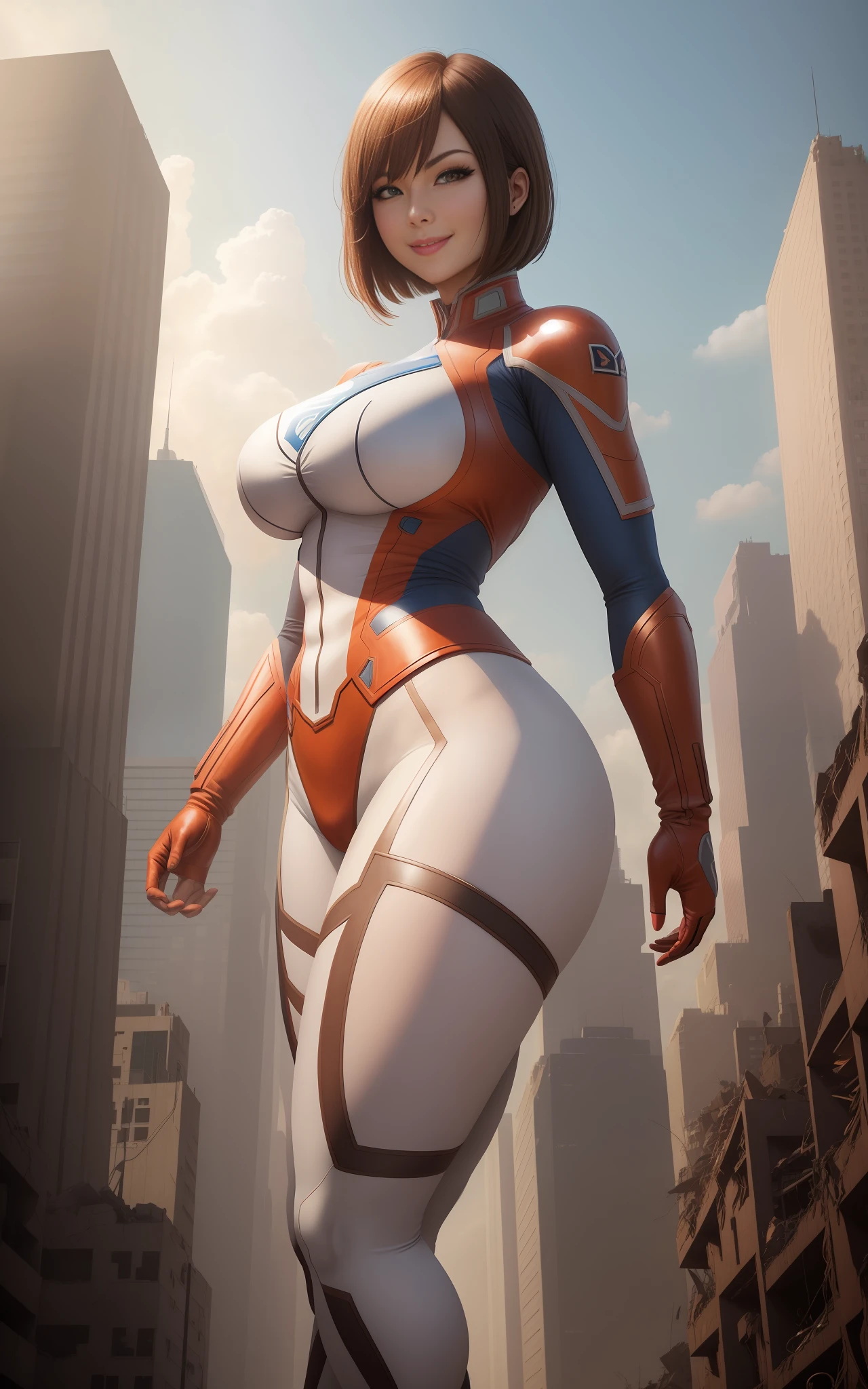 A woman Giant/Ultraman/exhibitionist and a Dinosaur/Giant are standing beside you, in a completely destroyed city. She is extremely beautiful, with short straight hair, enormous breasts, and looking directly at the viewer with a smile, striking multiple poses with her arms and legs in an Anime style. The image is of maximum resolution, quality, sharpness, and detail