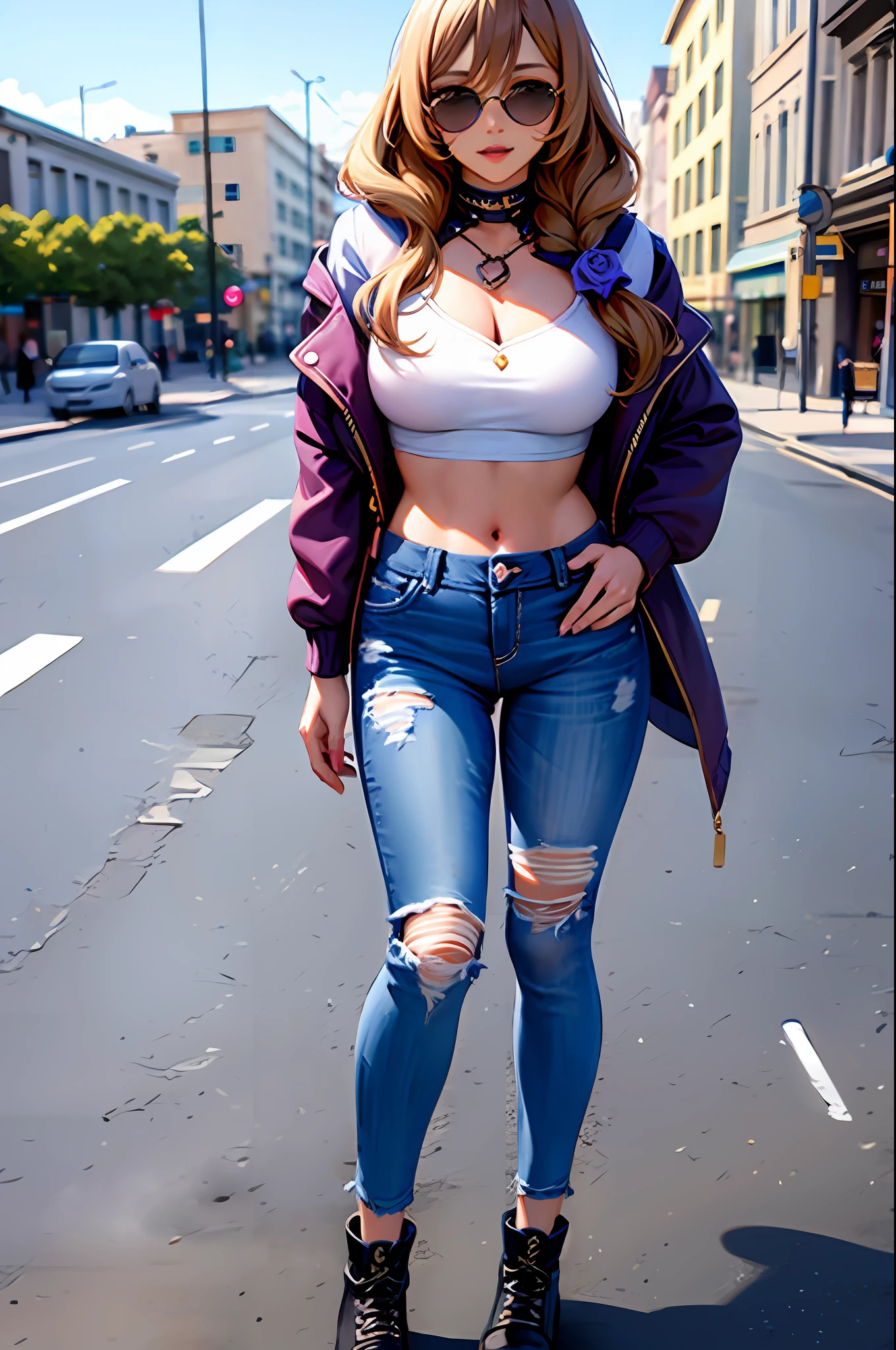 Jacket, crop top, ripped jeans, ((sunglasses)), street background